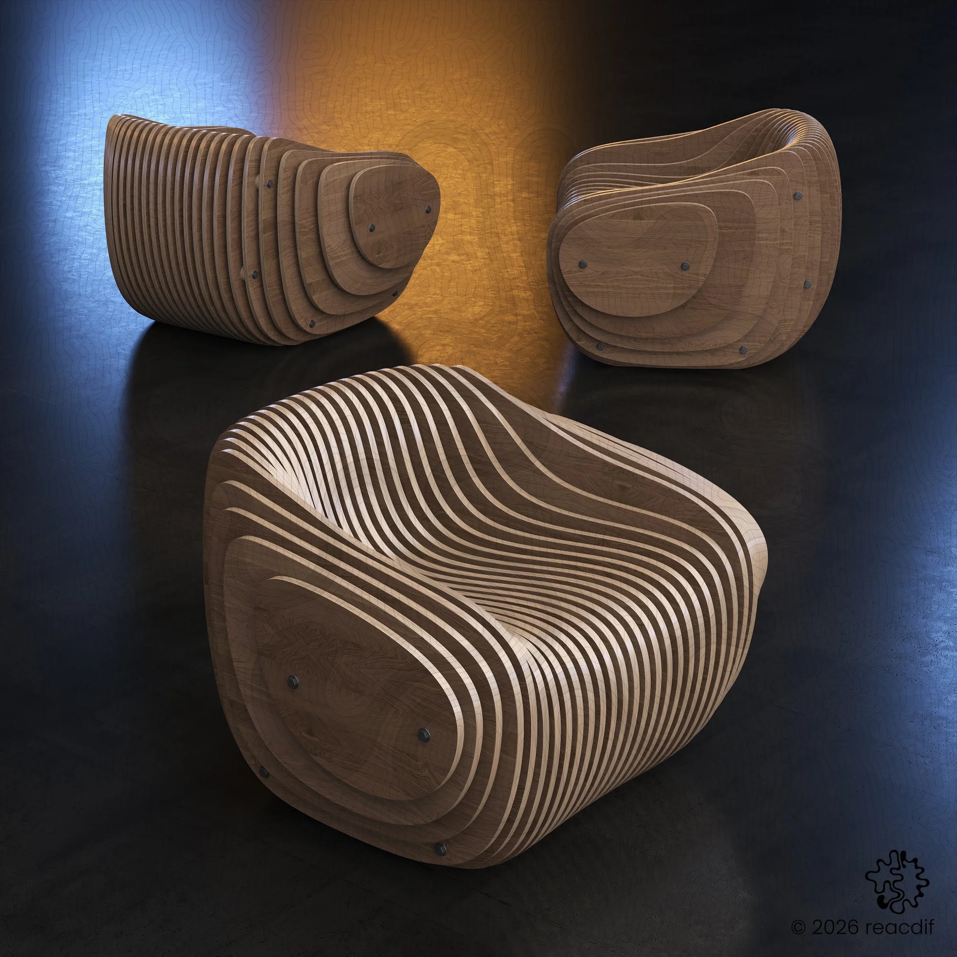 Parametric Armchair A-1 side view - organic curved design for CNC cutting
Multiple perspective angles