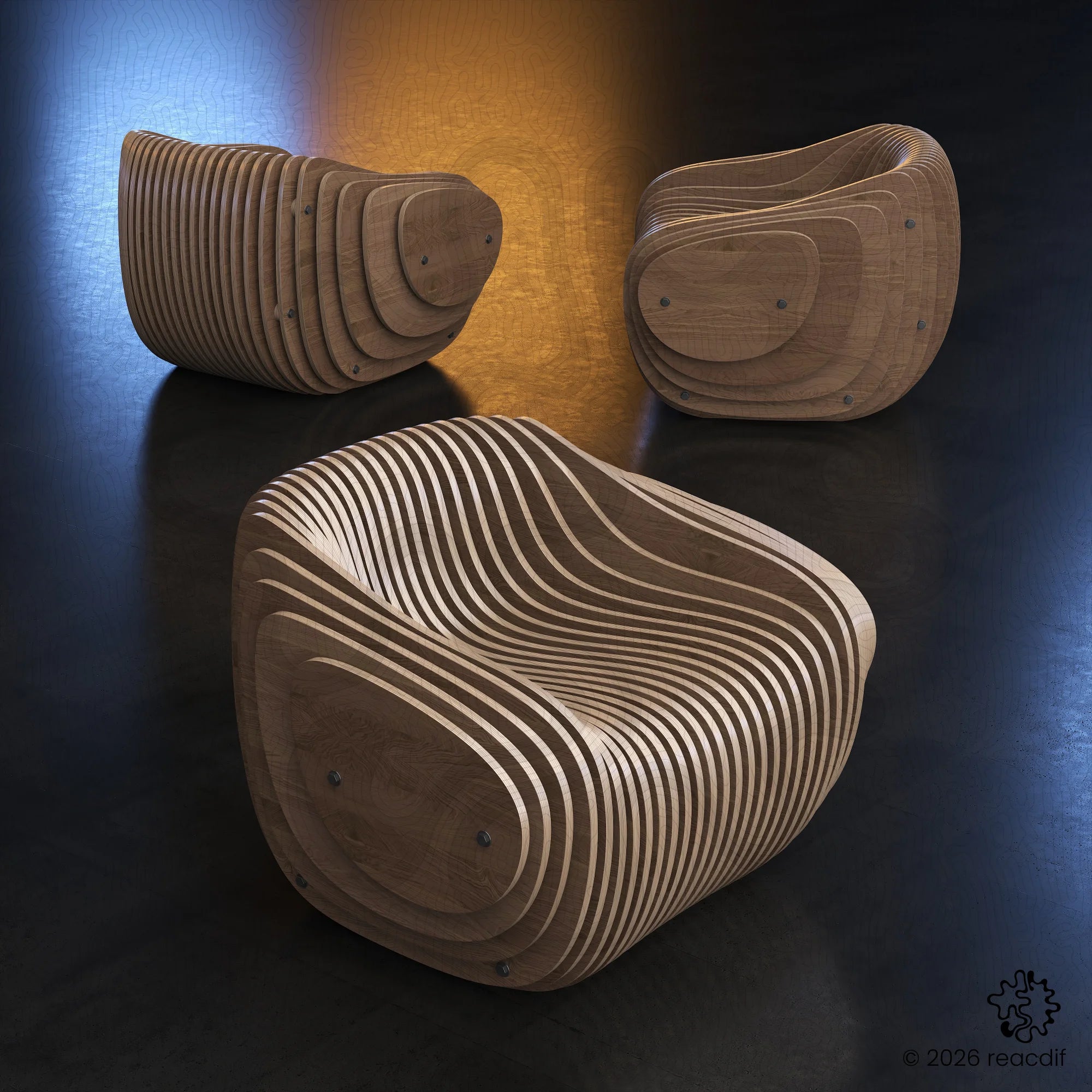 Parametric Armchair A-1 side view - organic curved design for CNC cutting
Multiple perspective angles