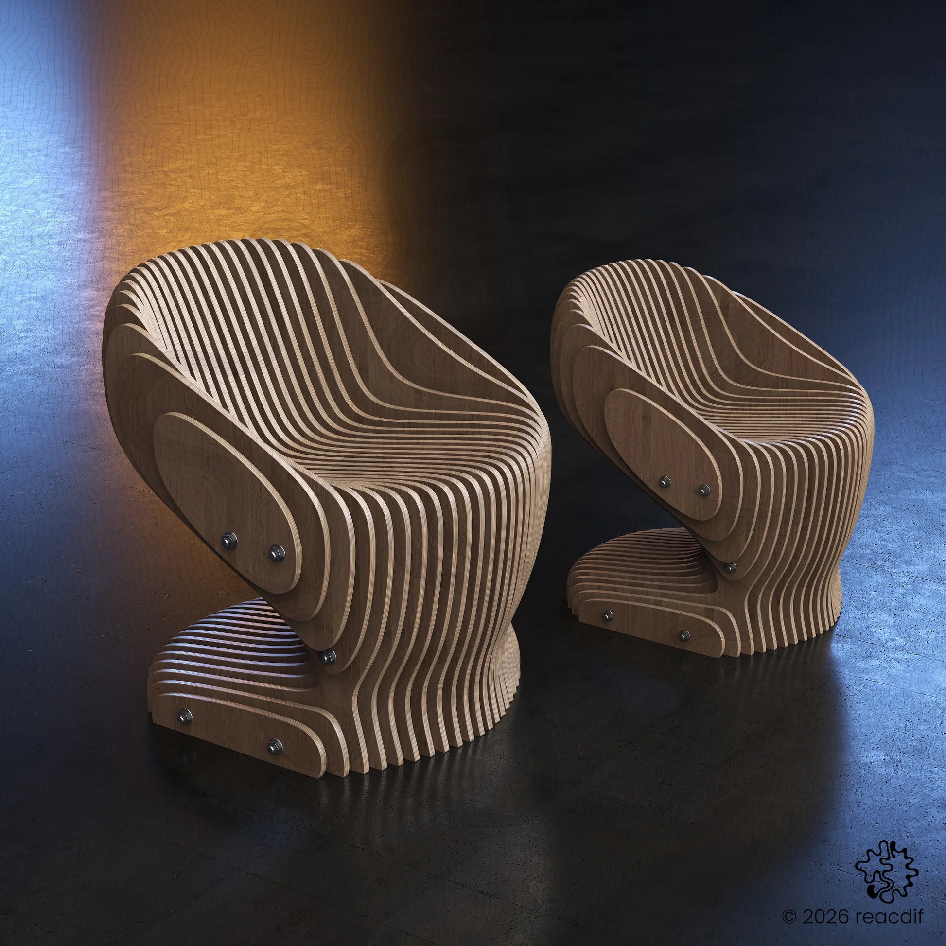 Parametric Armchair A-2 CNC files - perspective view of modern plywood chair design - Multiple Size - Small and Medium
