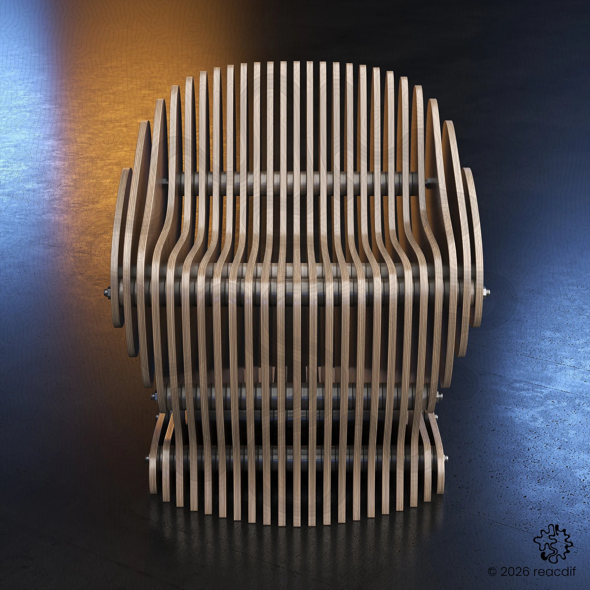Parametric Armchair A-2b back view - threaded rod locking plywood CNC design
