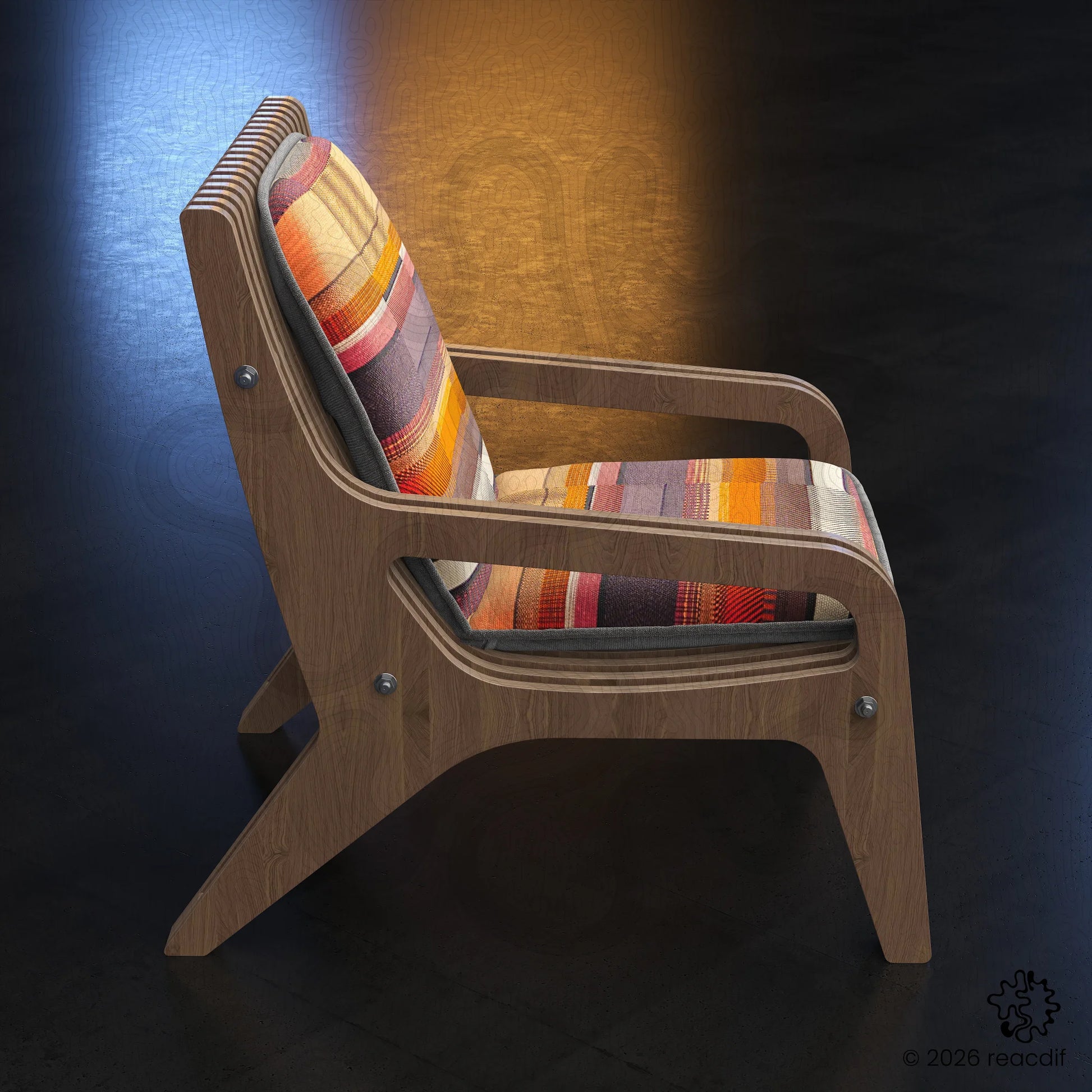 Parametric Armchair A-4 side angle - maker-ready plywood chair with interlocking joints