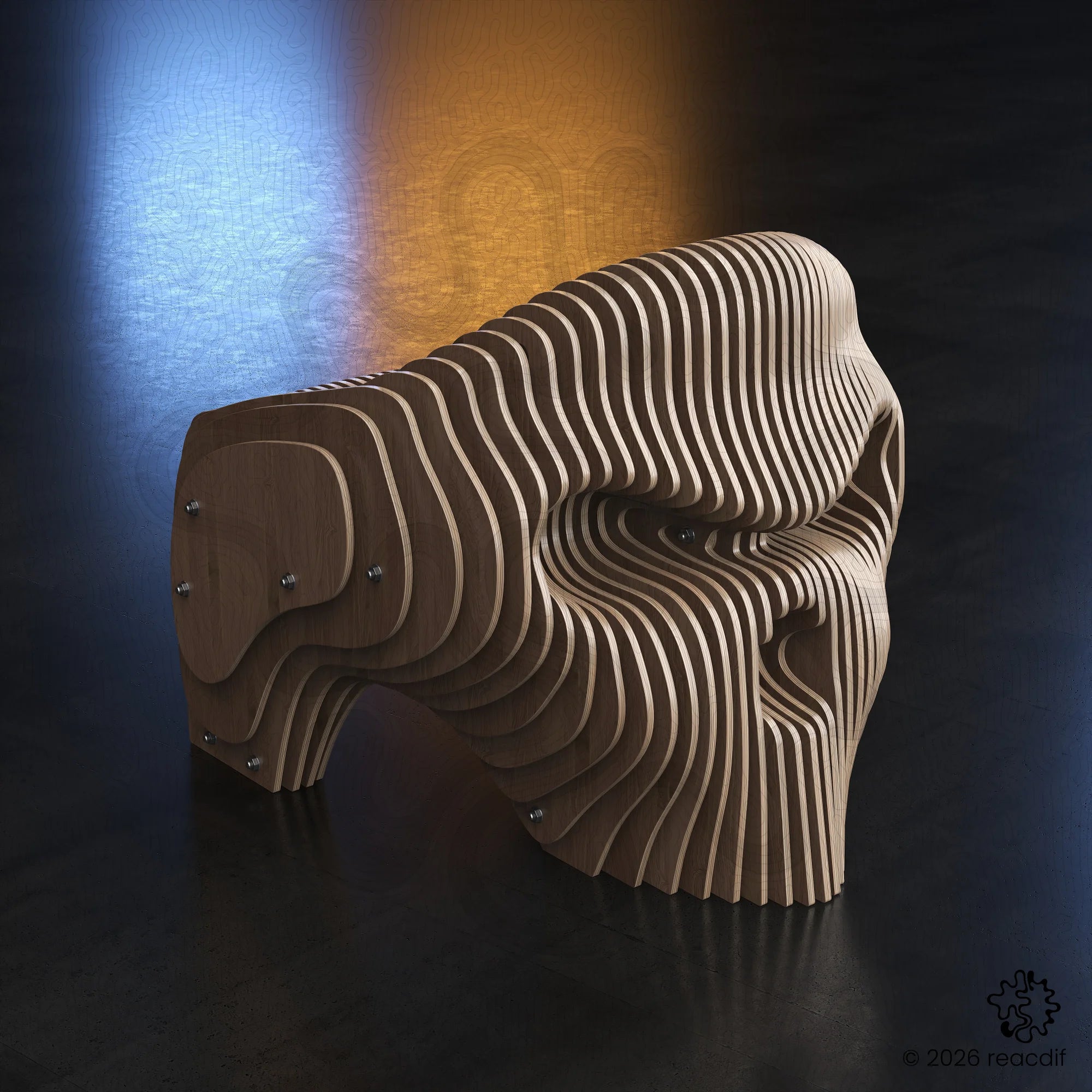 Parametric Armchair A-5 front angle - minimalist plywood chair with exposed structural design