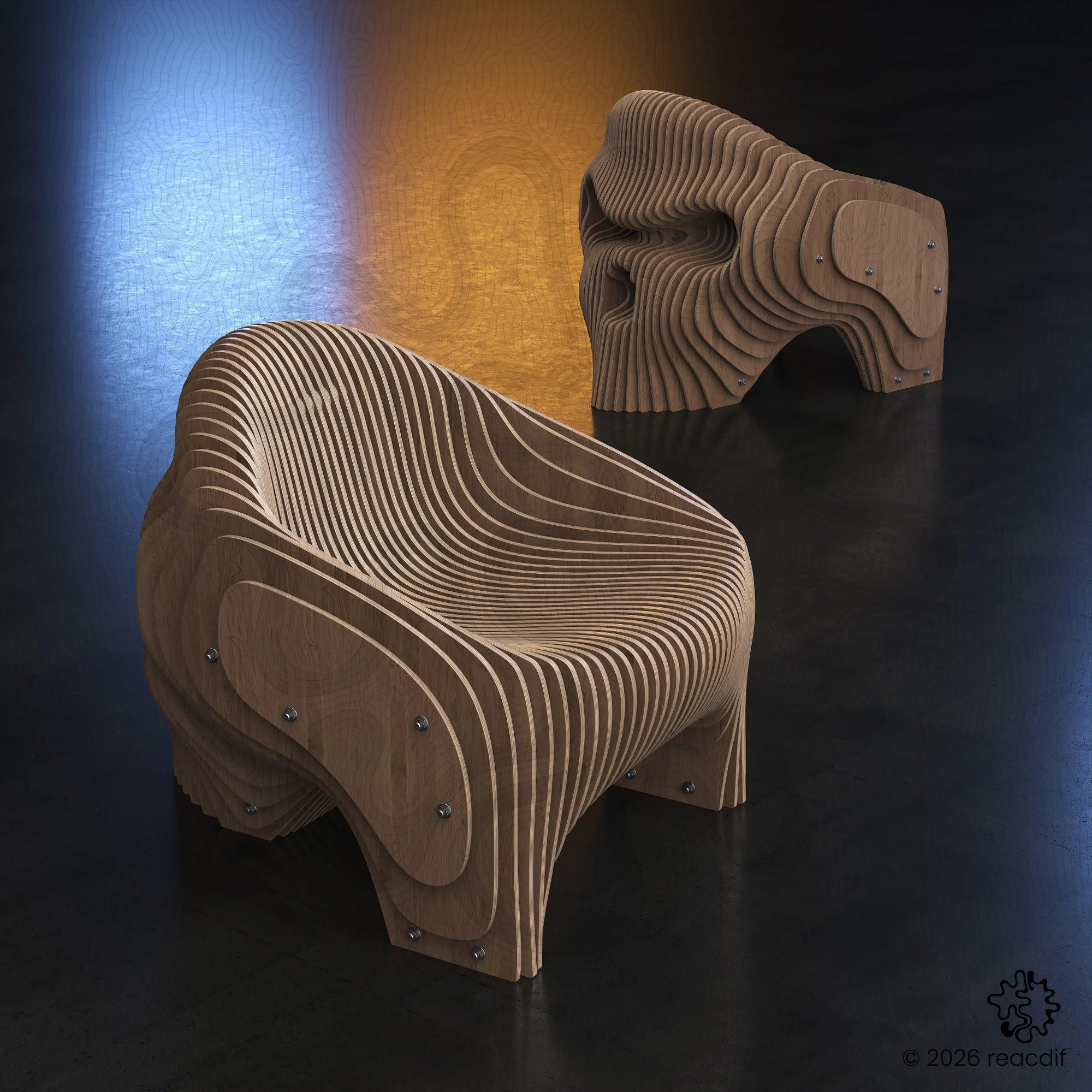 Parametric Armchair A-5  perspective view - skeletal CNC furniture design with organic framework
