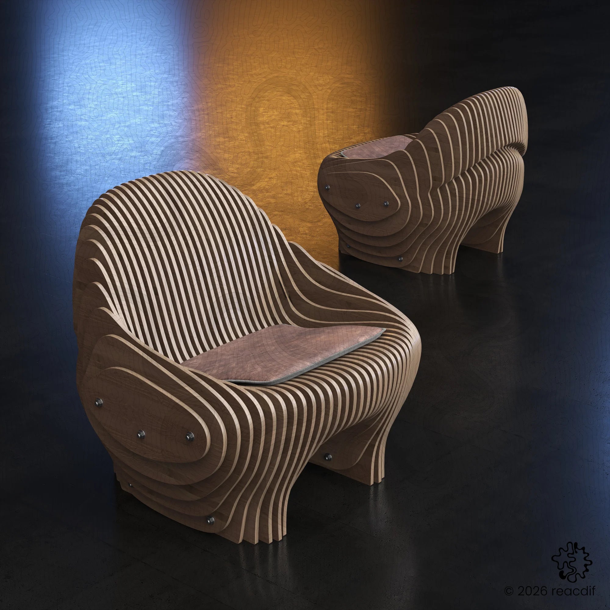 Parametric Armchair A-6 DXF files - front perspective view of modern plywood furniture design
