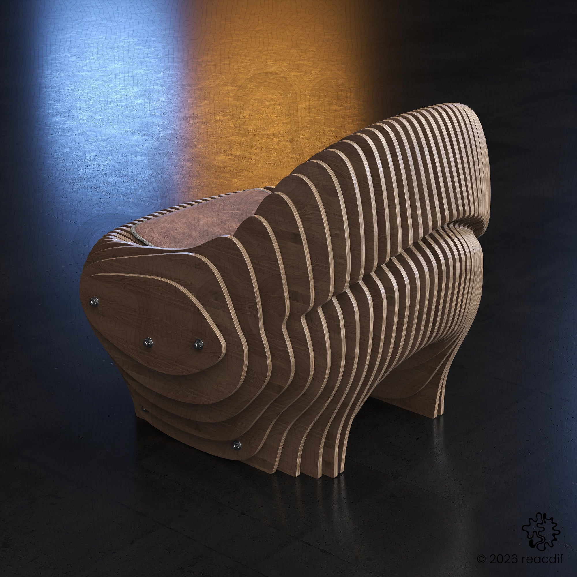 Parametric Armchair A-6 rear perspective - interlocking plywood construction for CNC fabrication