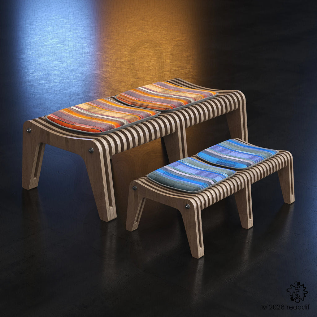 Modern parametric bench A-10 with organic wavy design, precision CNC-cut from plywood, featuring contemporary minimalist seating aesthetic