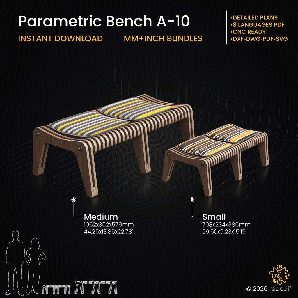 Parametric Bench A-10 technical specifications infographic with dimensions, CNC cutting requirements, and material details for Medium and Small size variants