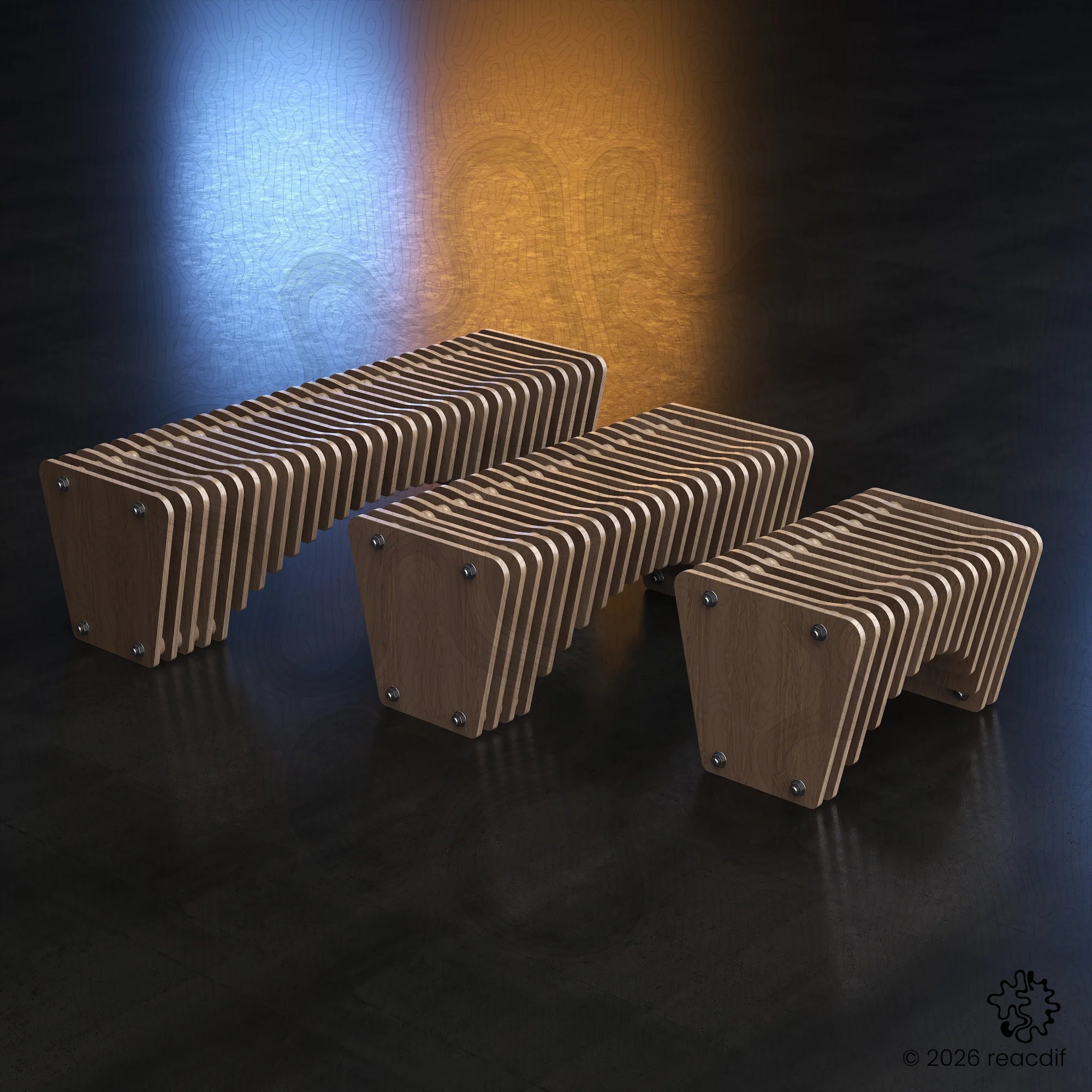 Parametric Bench A-1 CNC design - front perspective view of modern plywood bench