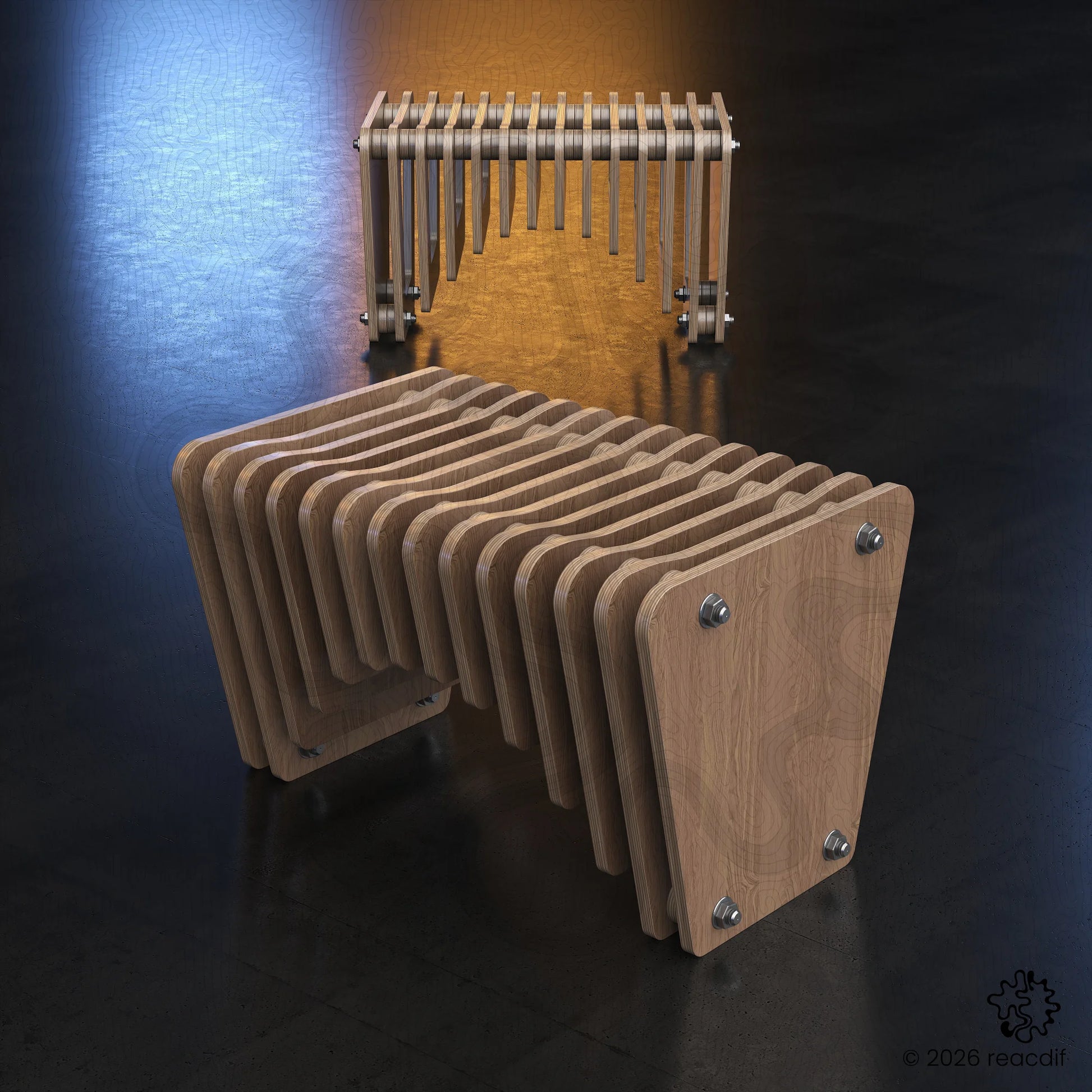 Parametric Bench A-1a variant front view - contemporary DIY furniture design for makers