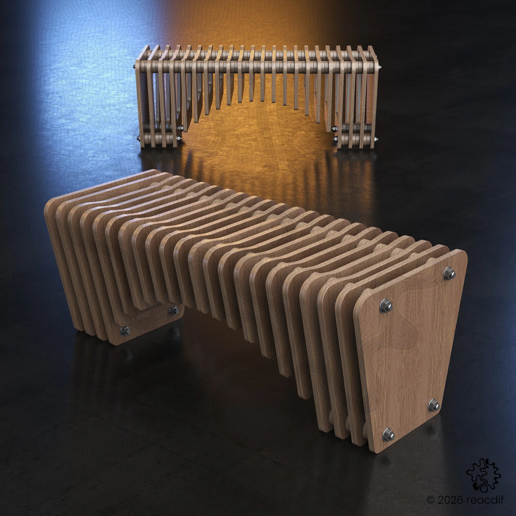 Parametric Bench A-1b design front angle - modular plywood seating for CNC fabrication