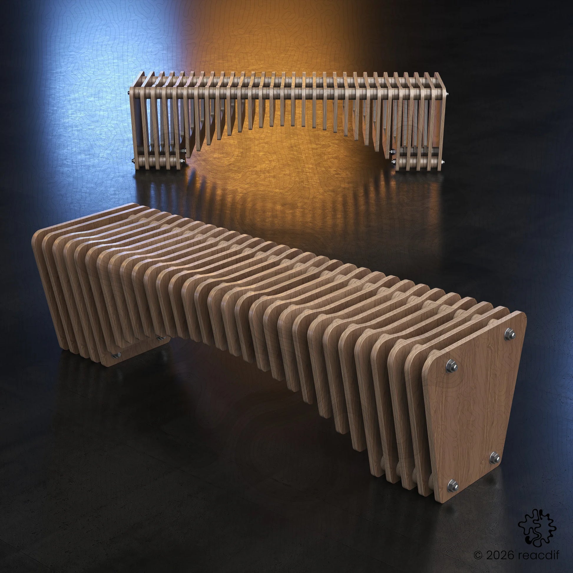 Parametric Bench A-1c variant perspective - organic curved bench design for woodworking