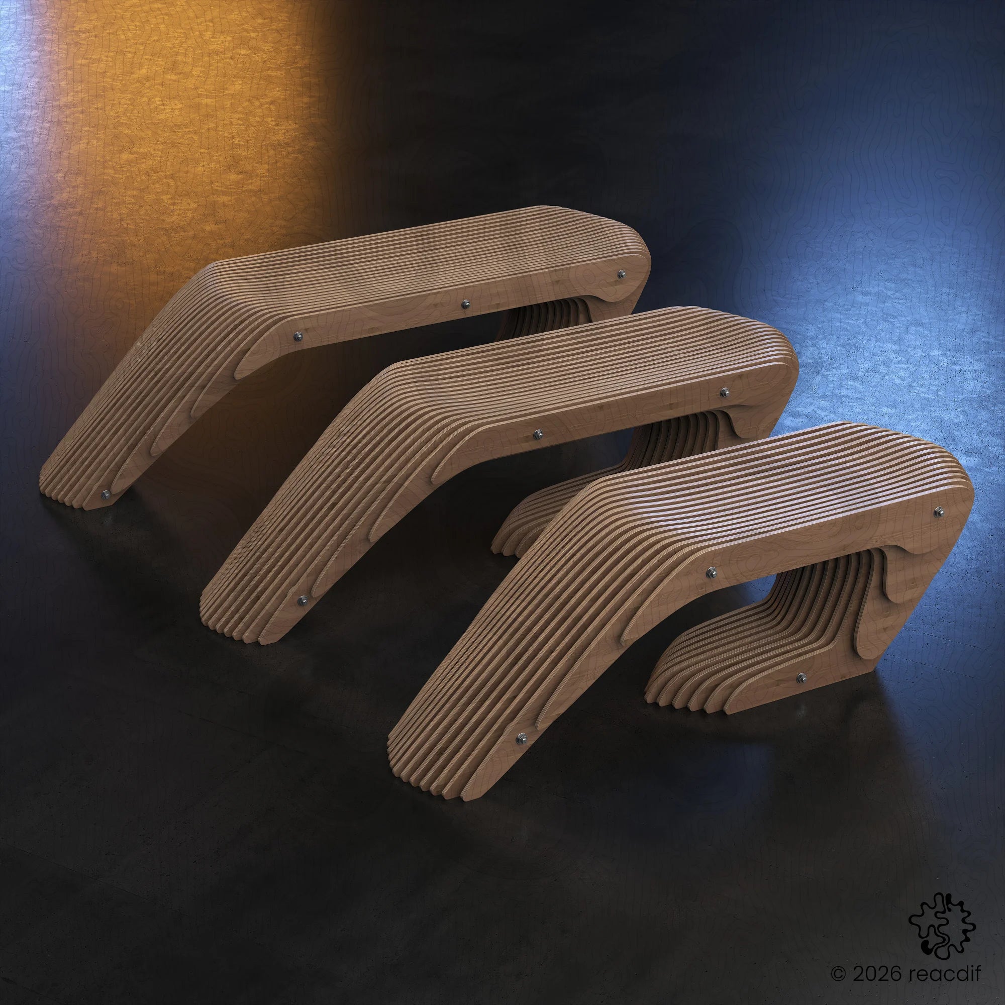 Parametric Bench A-2 front perspective - modern plywood bench design for digital fabrication