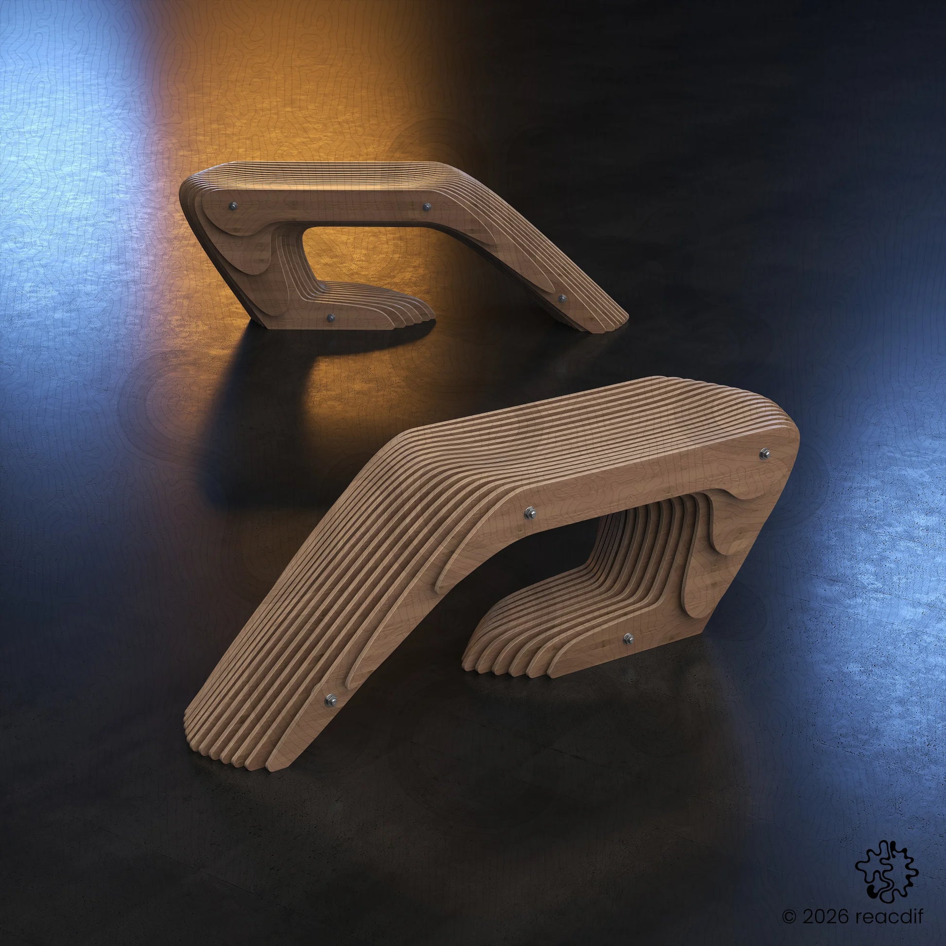 Parametric Bench A-2a front view - precision-cut plywood furniture for home workshop