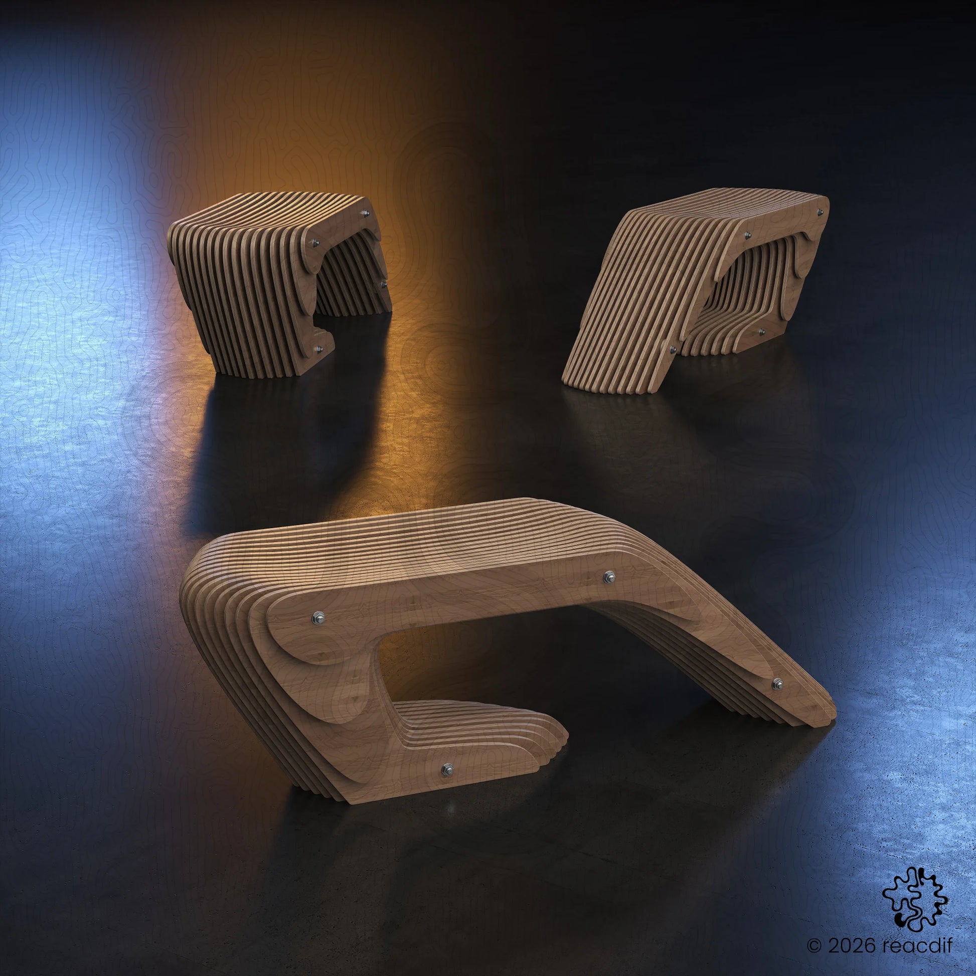 Parametric Bench A-2a variant side profile - ergonomic plywood seating design