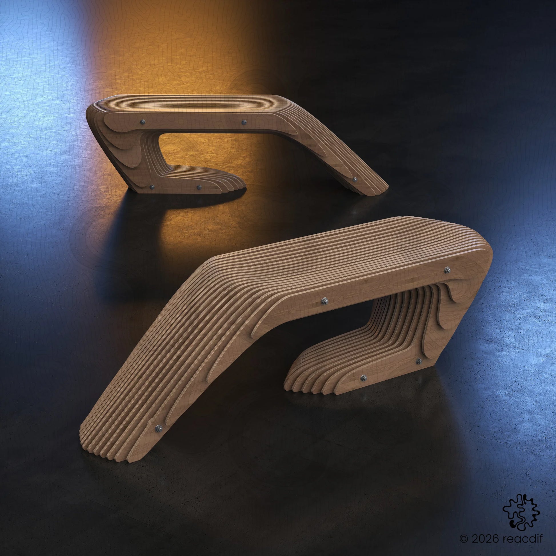 Parametric Bench A-2b front angle - maker-ready bench design with interlocking joints