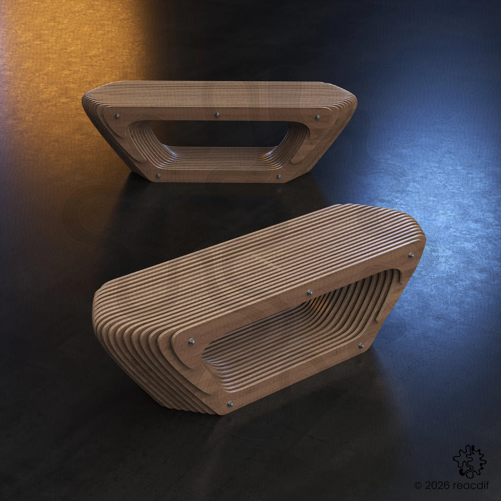 Parametric Bench A-3  close-up - precision CNC cut plywood furniture components
