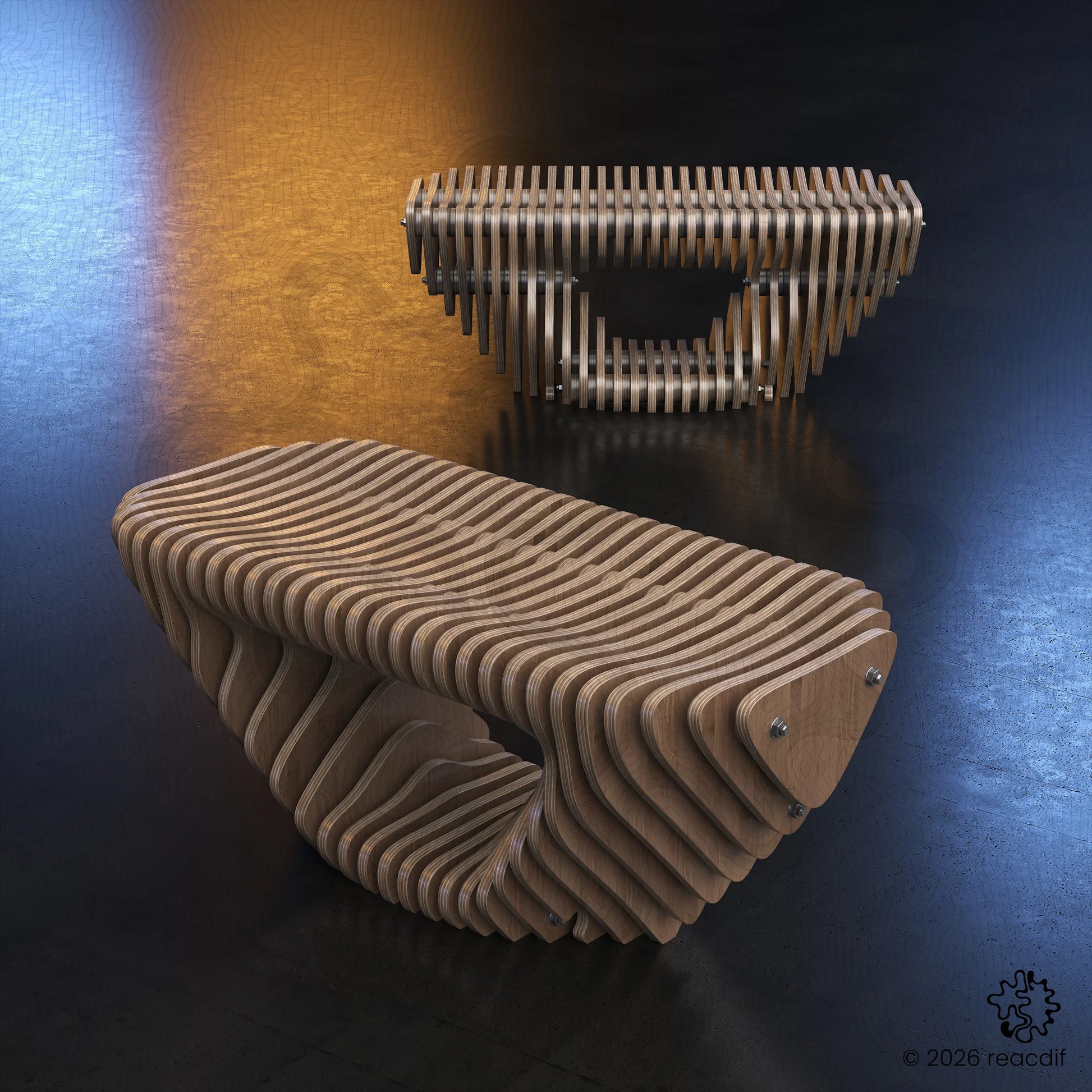 Parametric Bench A-4 3D model render showing modern wooden bench design for DIY woodworking projects