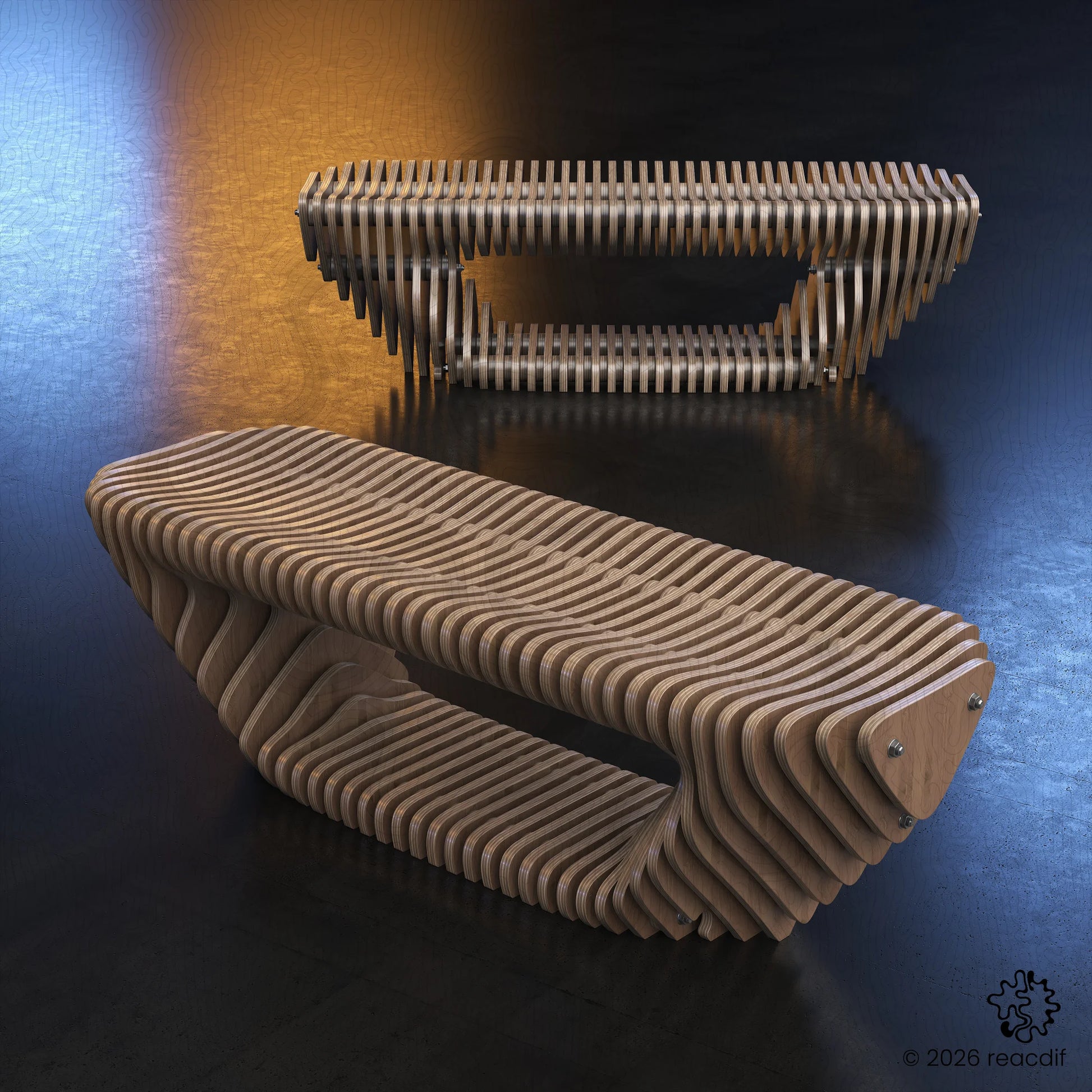 Completed Parametric Bench A-4 wooden bench showcasing clean lines and minimalist design