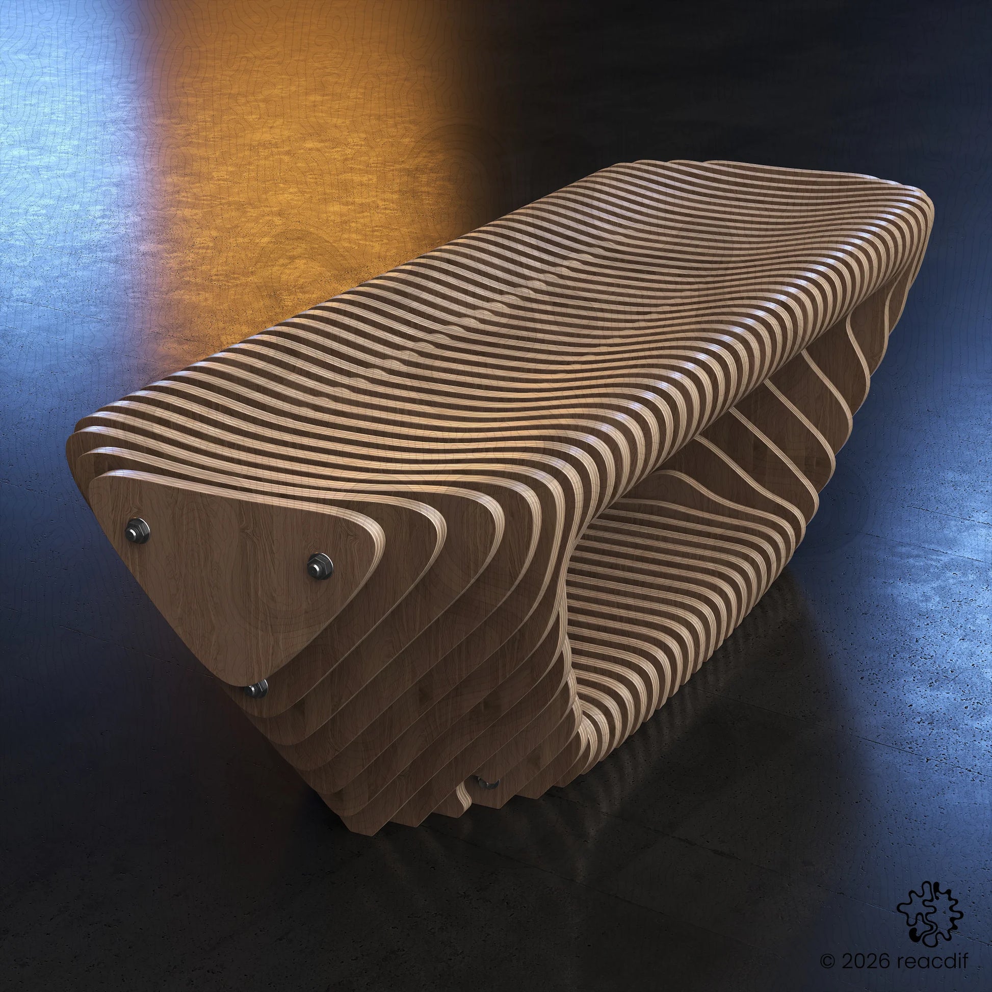 Outdoor patio setup featuring handmade Parametric Bench A-4 wooden furniture