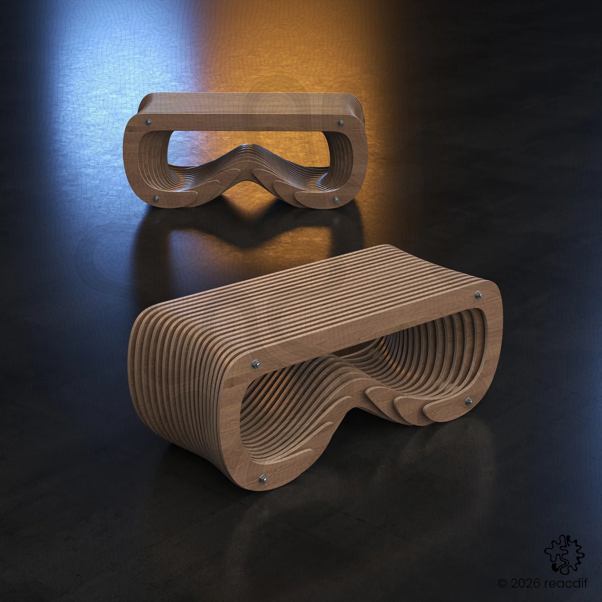 Parametric Bench A-5 front perspective - modern plywood bench design for digital fabrication