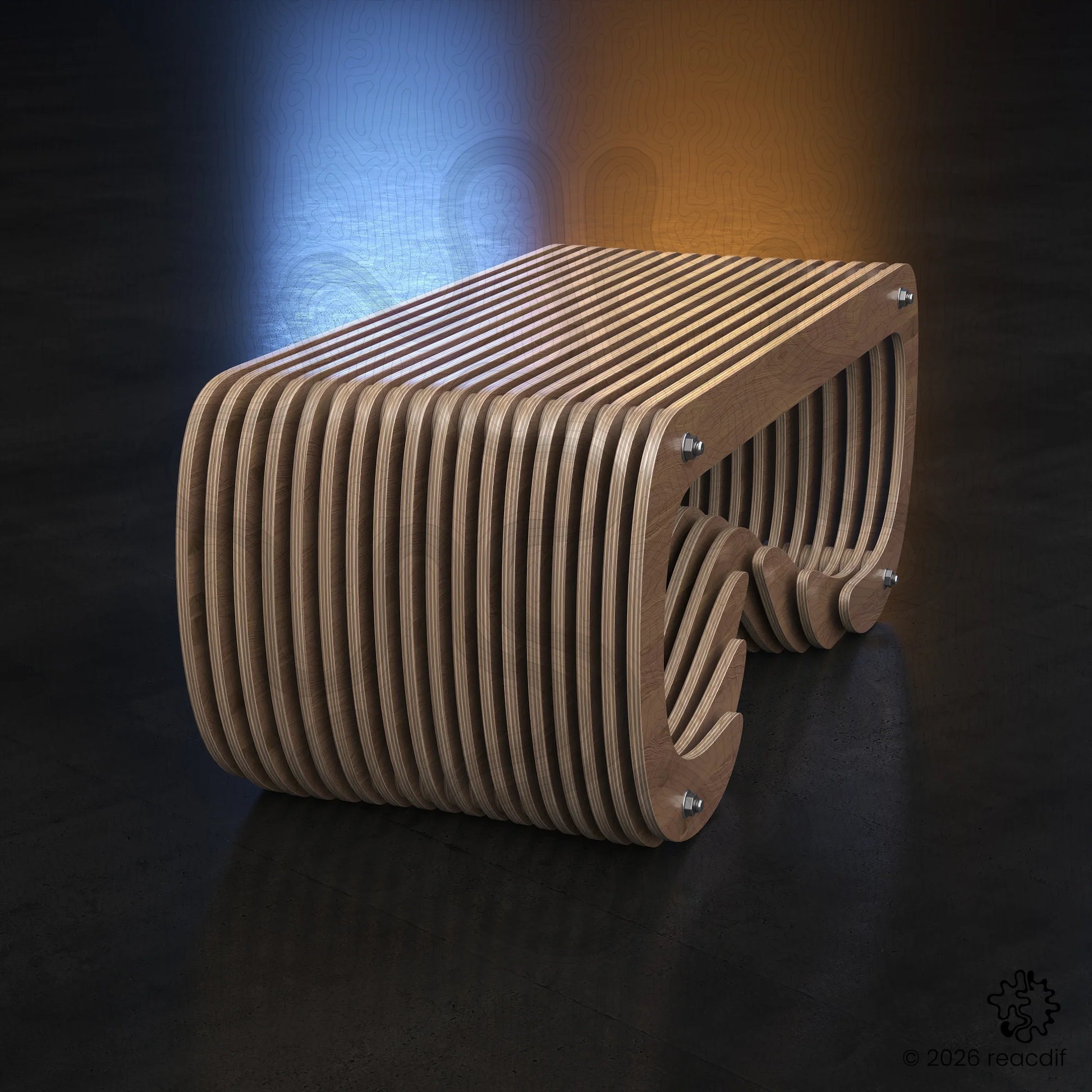 Parametric Bench A-5 front perspective - modern plywood bench design for digital fabrication