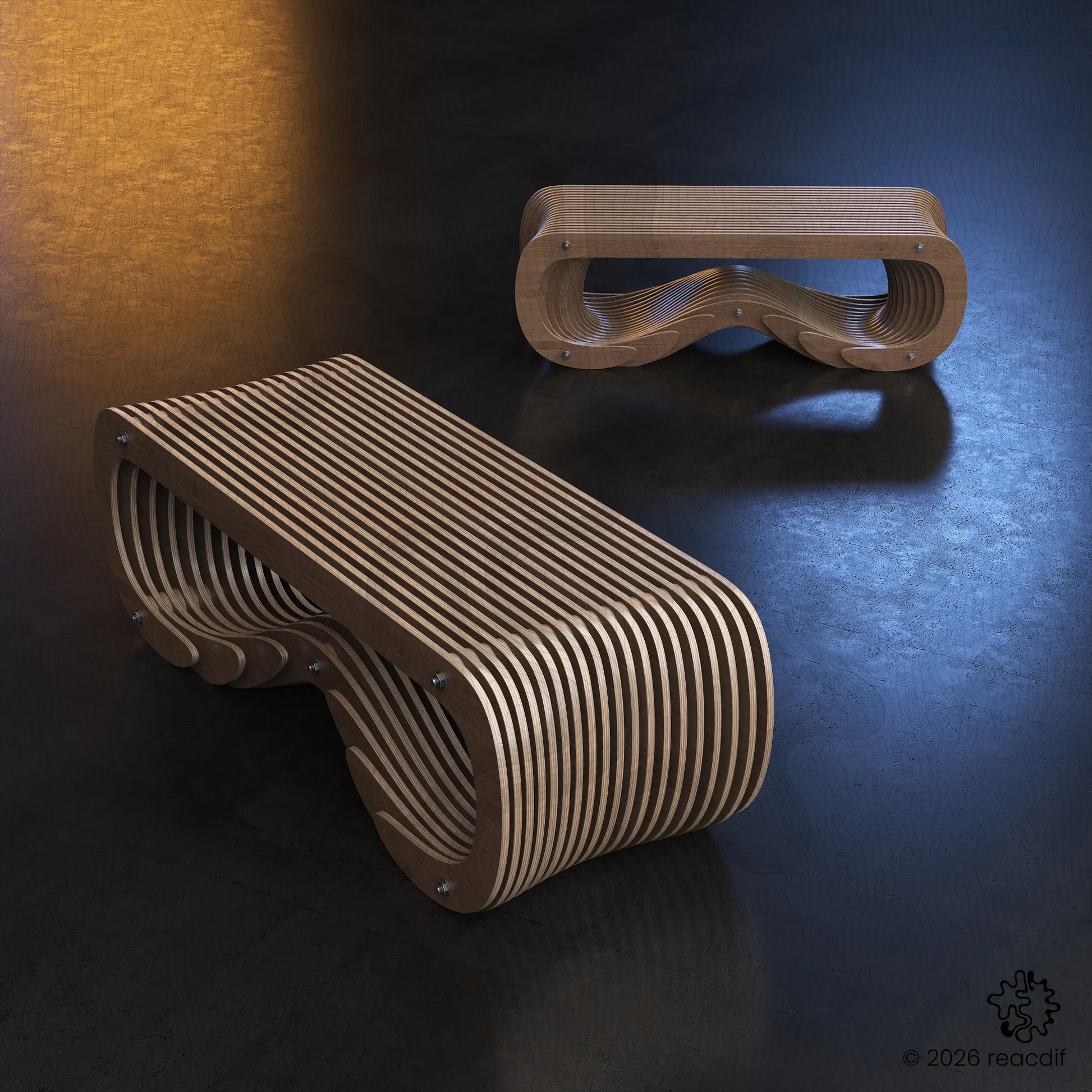 Parametric Bench A-5 front angle - maker-ready bench design with interlocking joints