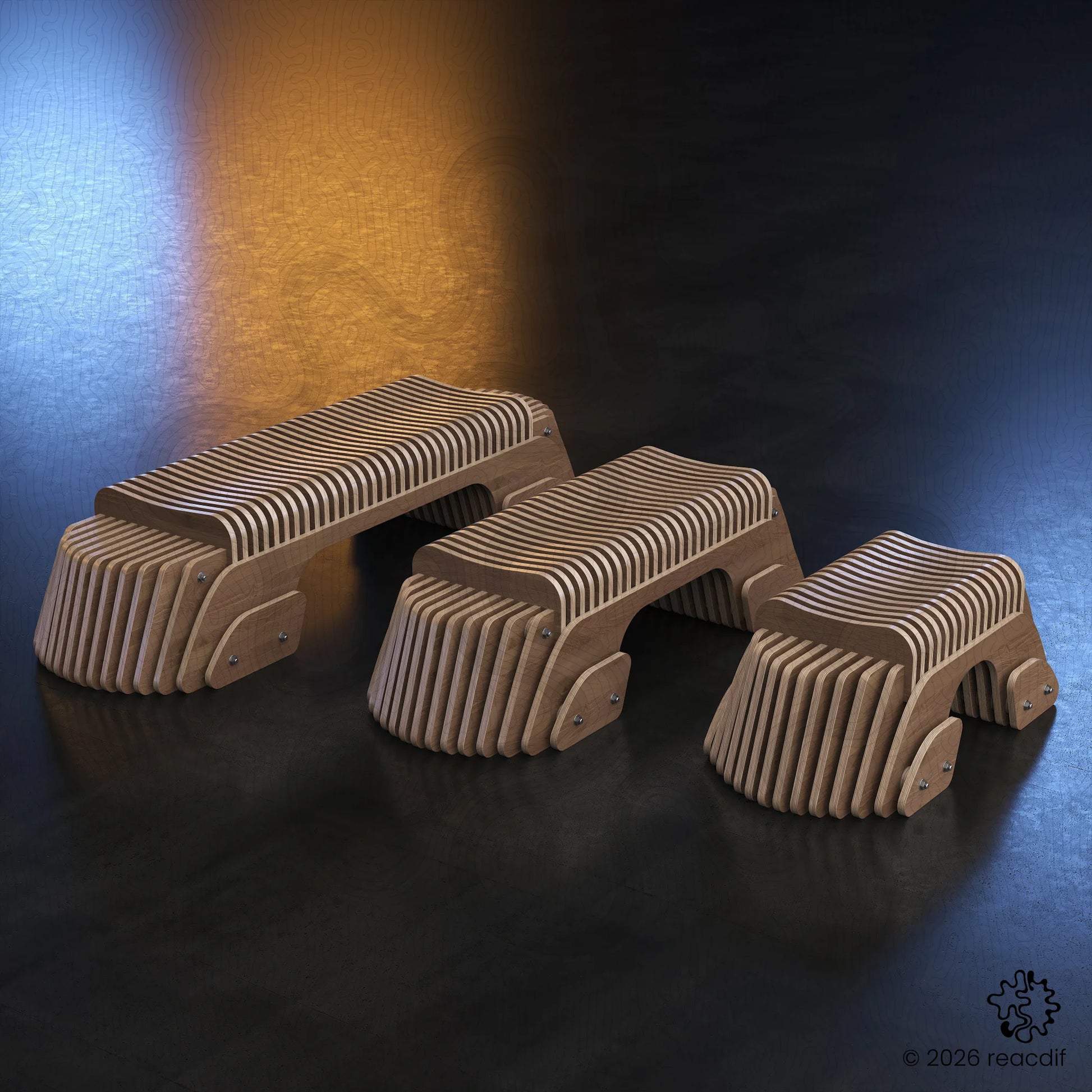 Modern wooden bench A-6 parametric design featuring curved slat construction for contemporary interiors