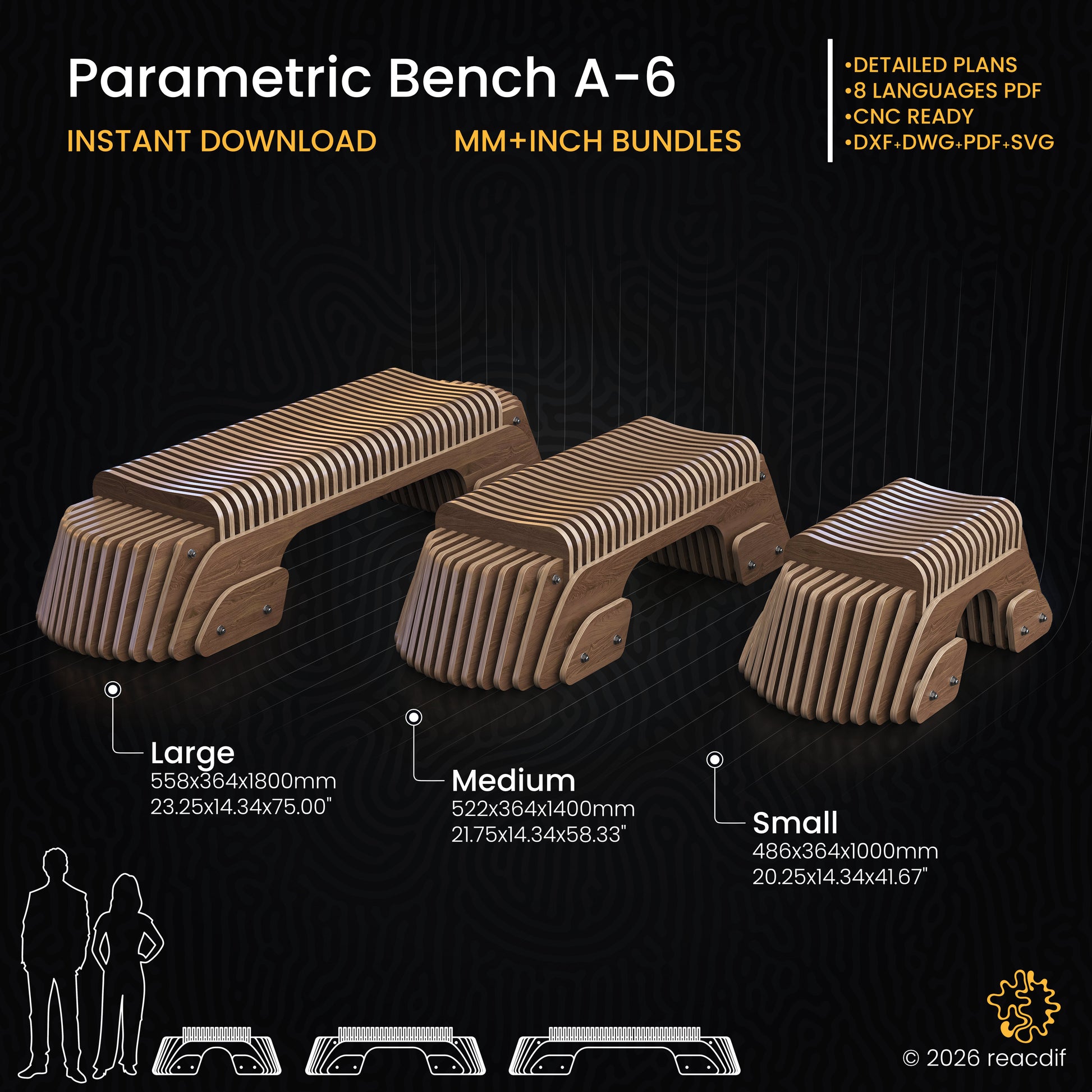 Parametric Bench A-6 digital woodworking plans showing three size variations for DIY furniture projects