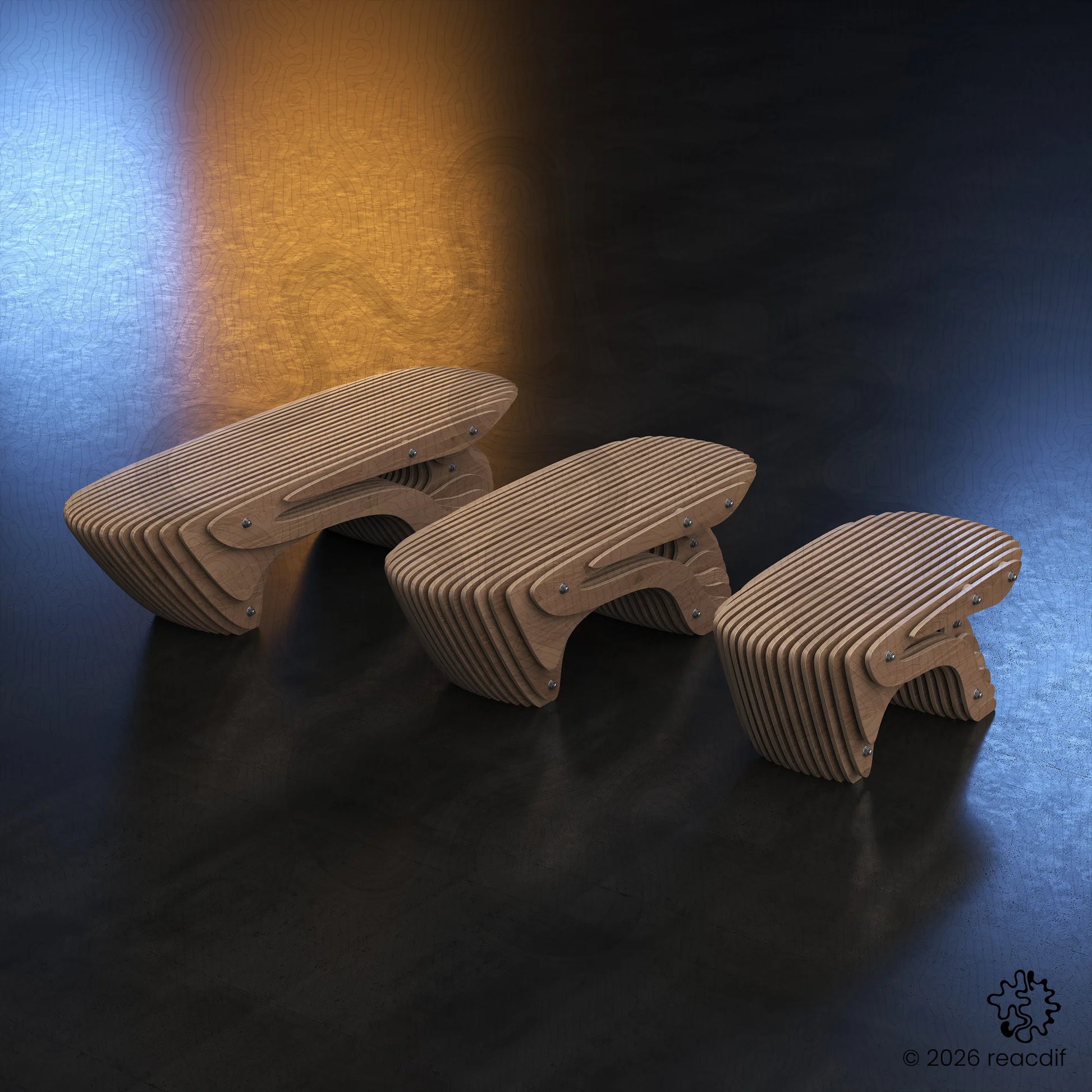 Modern parametric bench design A-7 featuring organic wooden slat structure. Digital woodworking plans available for CNC router and laser cutting. Stylish plywood seating for interiors.