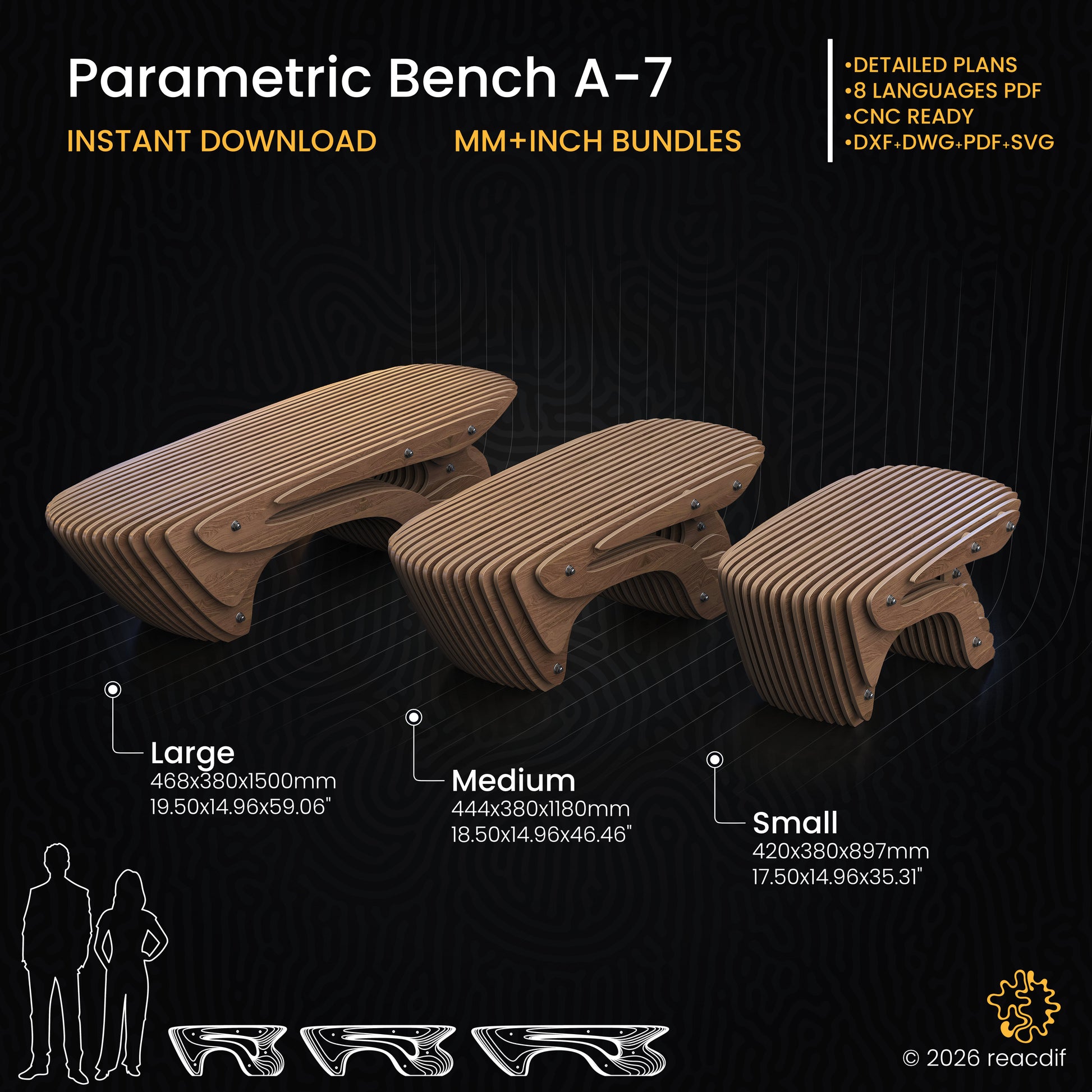 Parametric Bench A-7 digital plans infographic showing Large, Medium, and Small sizes with dimensions. CNC ready files (DXF, DWG, PDF, SVG) for plywood furniture DIY projects. Instant download includes mm and inch bundles.