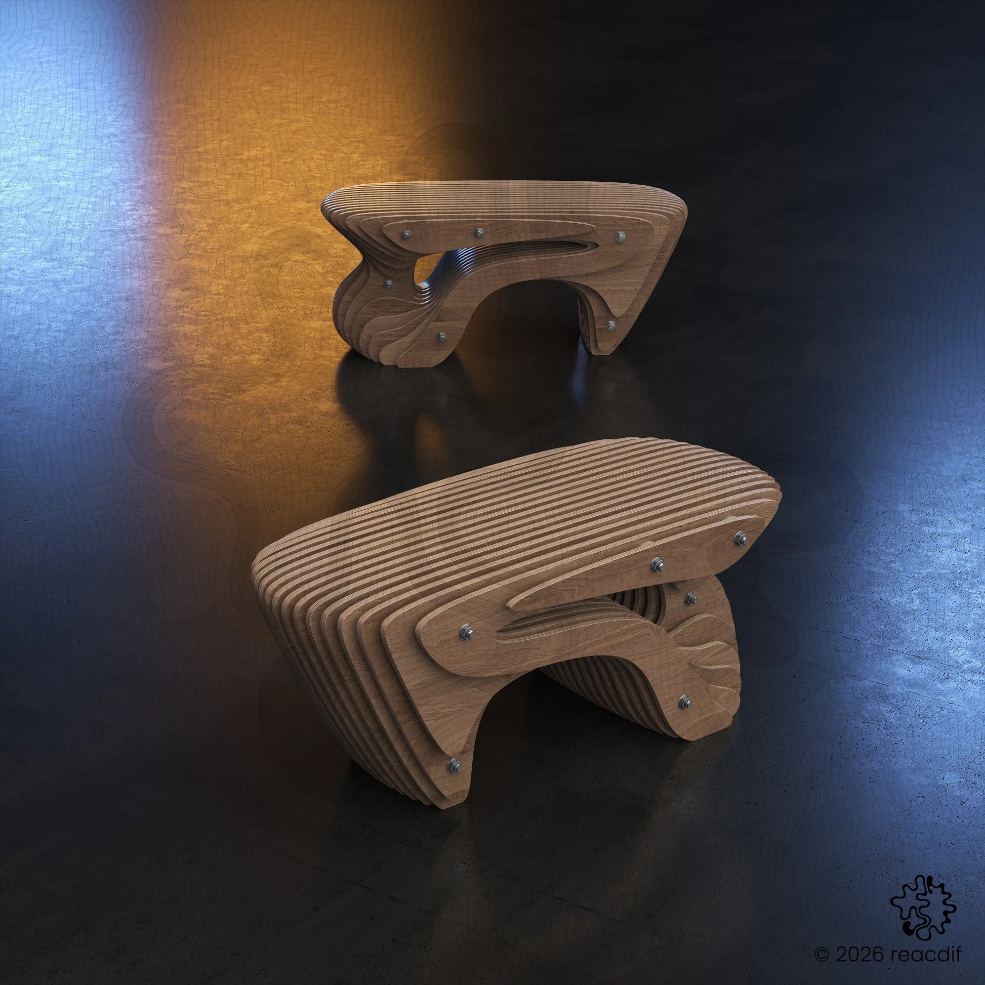 Side view of Parametric Bench A-7 showing the ergonomic curve and fluid design. Downloadable vector templates for creating custom wooden furniture.