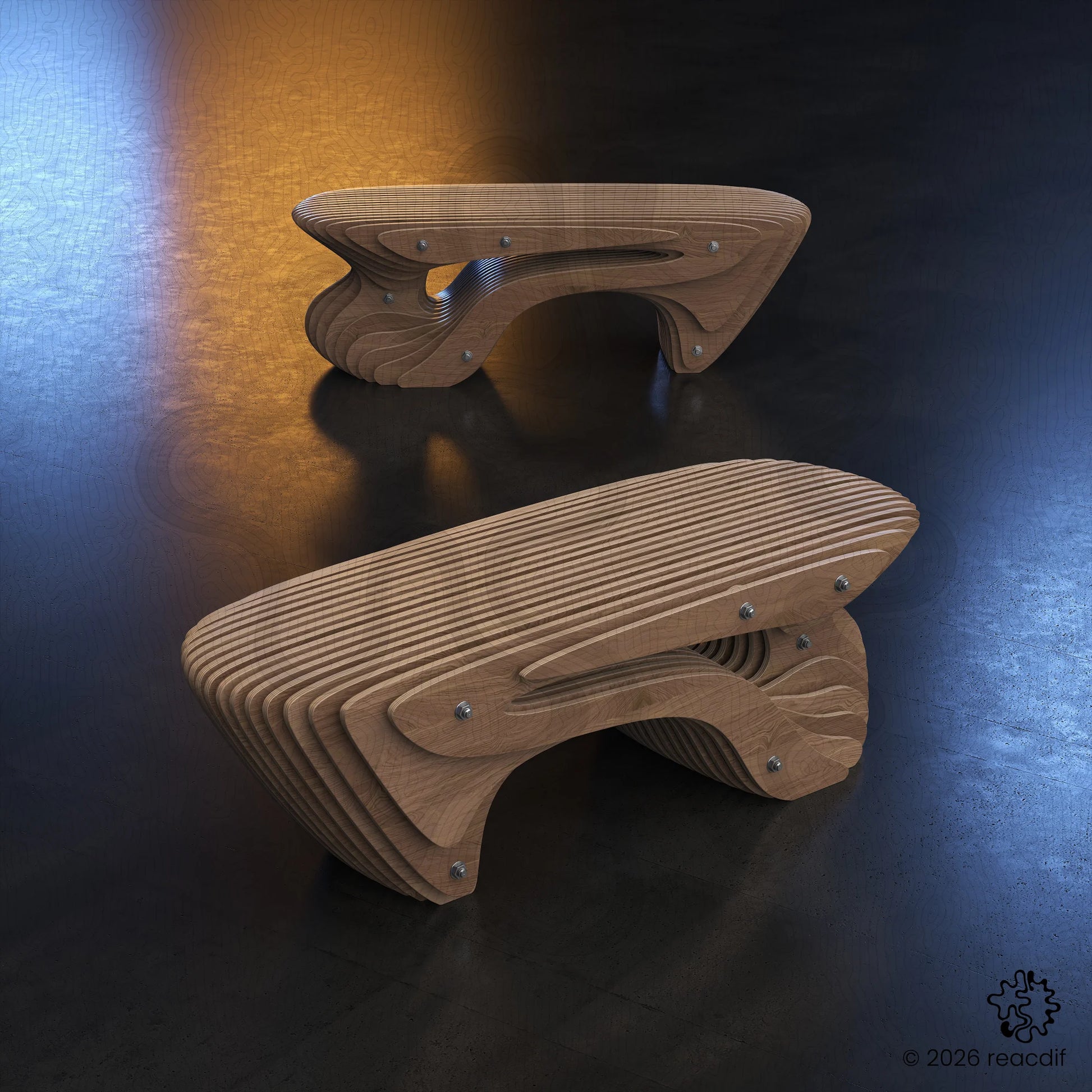 Close-up detail of plywood slats and spacer assembly for Bench A-7. Easy-to-assemble parametric furniture design using threaded rods and nuts.