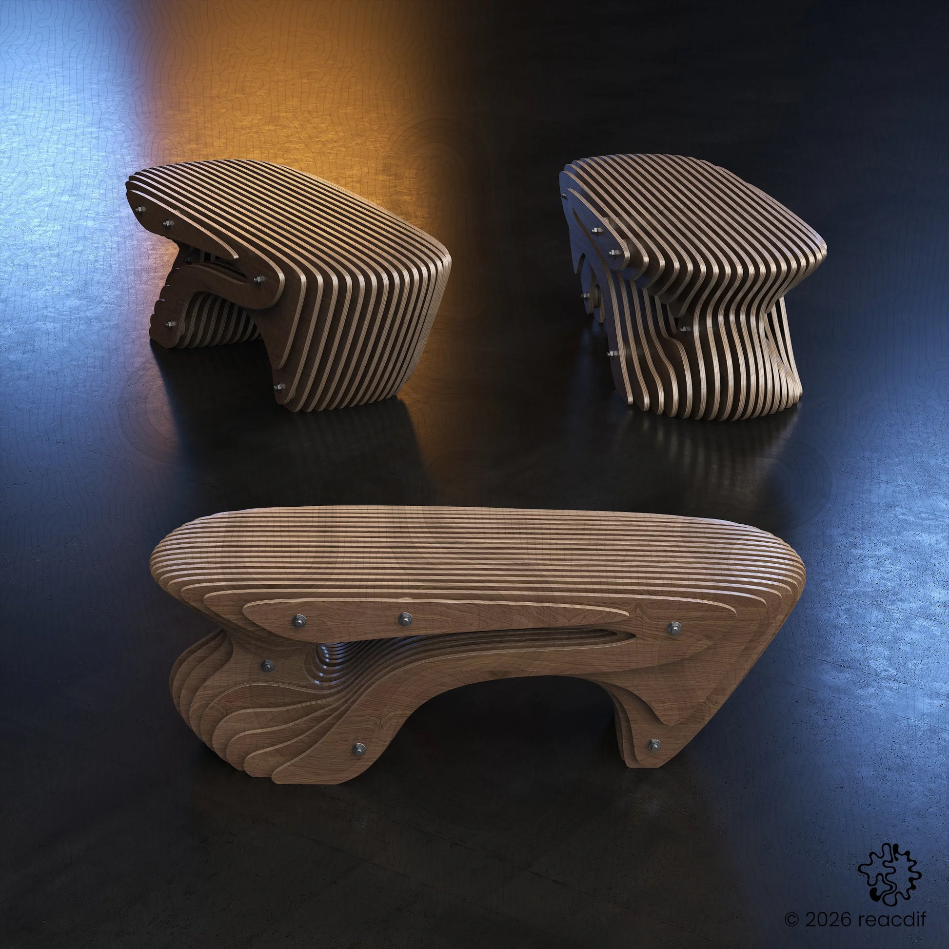 CNC cutting layout example for Parametric Bench A-7. Optimized nesting on plywood sheets to minimize waste. Ready-to-cut digital files for woodworking routers.
