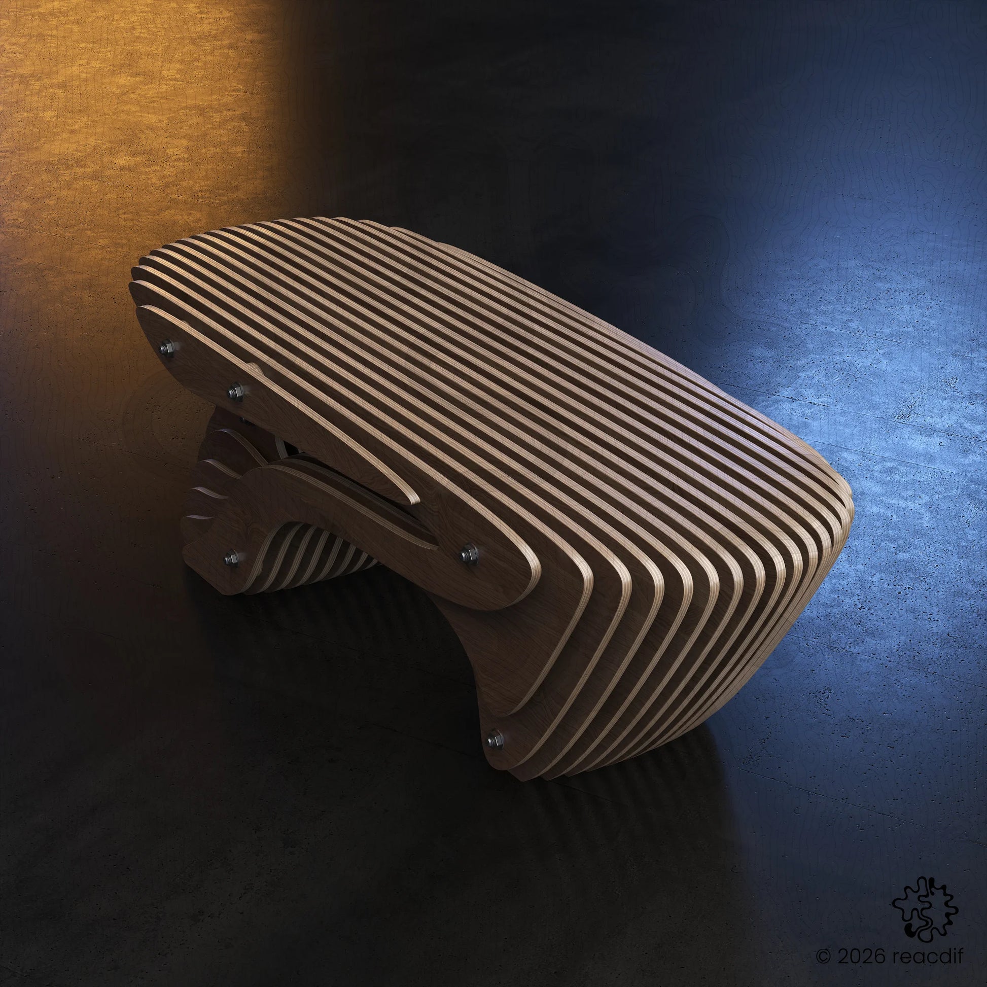 3D render of a futuristic parametric wood bench. High-quality digital blueprints for architects and makers to build unique seating areas.