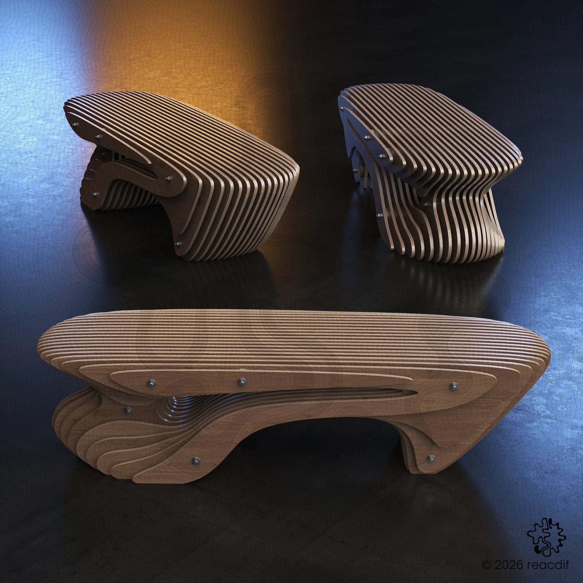 Parametric Bench A-7 visualized in a modern lobby setting. Perfect digital design for waiting rooms, offices, and commercial interior decor.