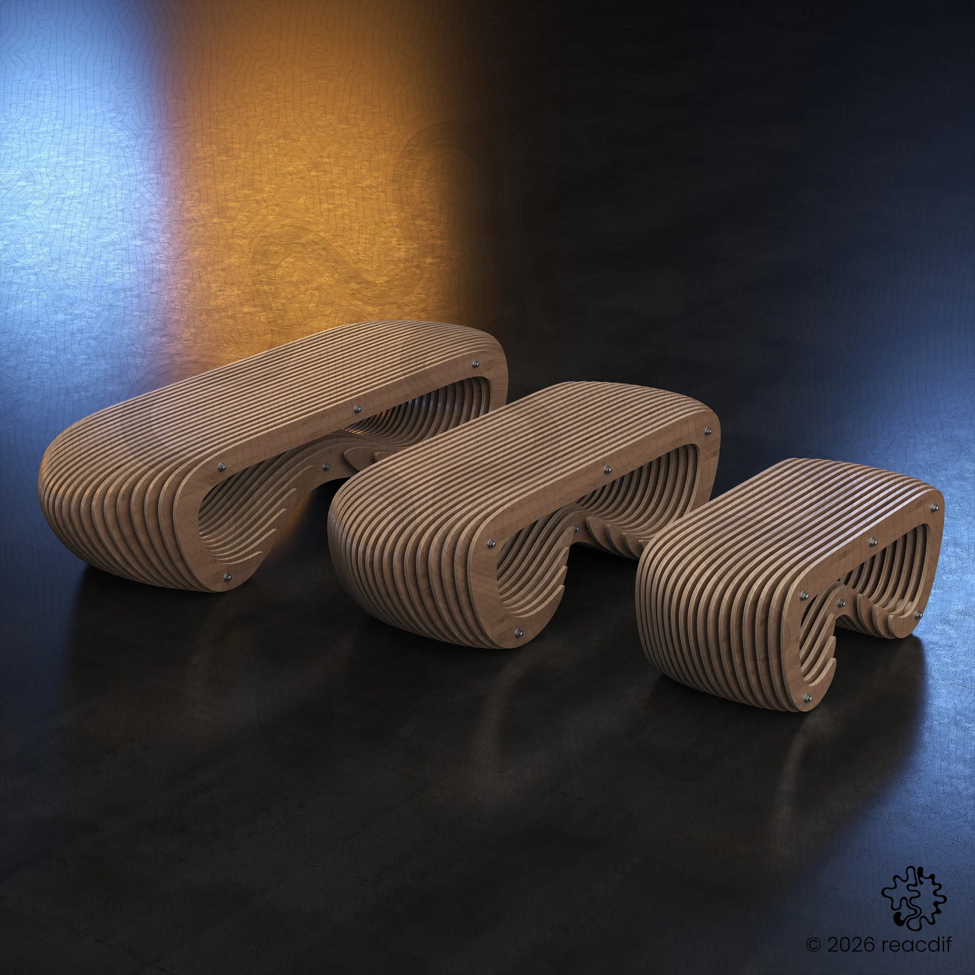 Close-up perspective of Parametric Bench A-8 focusing on the plywood edge texture and joinery details. High-precision vector files for clean CNC cutting.