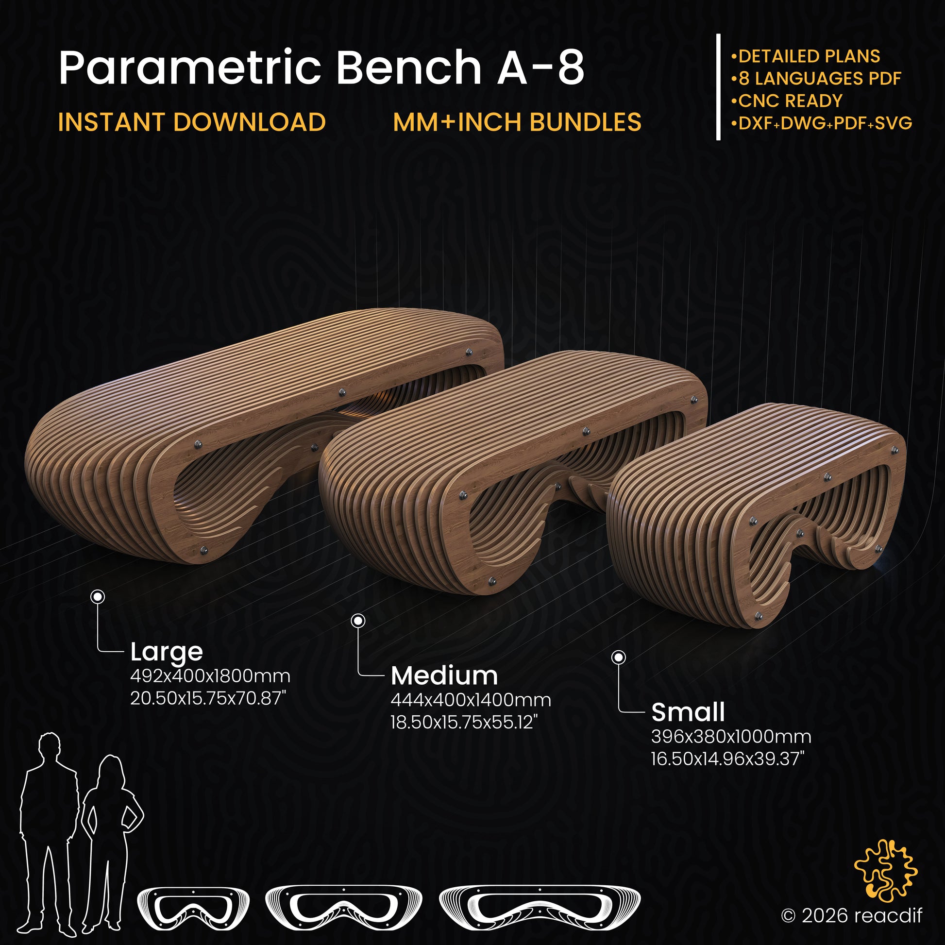 Parametric Bench A-8 infographic display showing three size variations (Small, Medium, Large) with dimensions. Text highlights: Instant Download, CNC Ready, DXF+DWG+PDF+SVG files, and 8 Languages PDF support. Modern plywood furniture design on dark background.