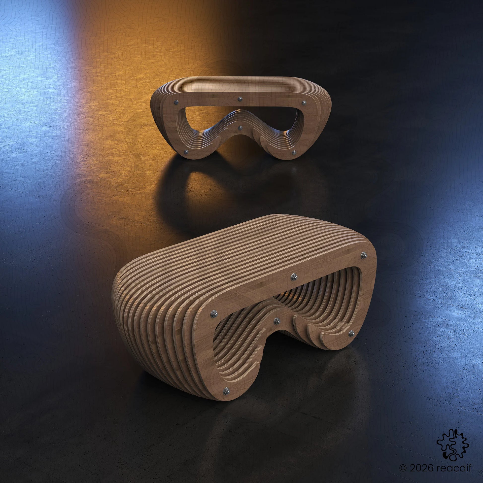 Rear perspective view of Parametric Bench A-8 demonstrating structural stability and the continuous slat design. Stylish wooden bench for homes and offices.
