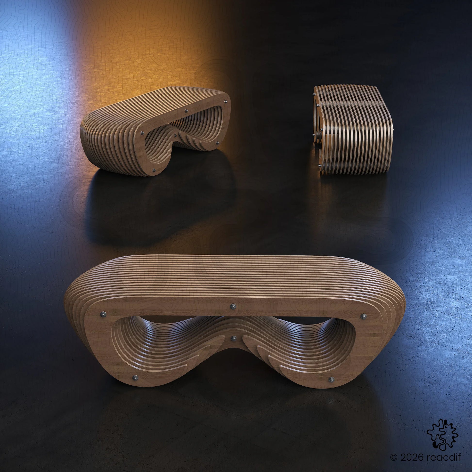 Side angle of the Parametric Bench A-78highlighting the ergonomic curve and fluid structure. Digital DIY plans available for creating custom wooden seating.