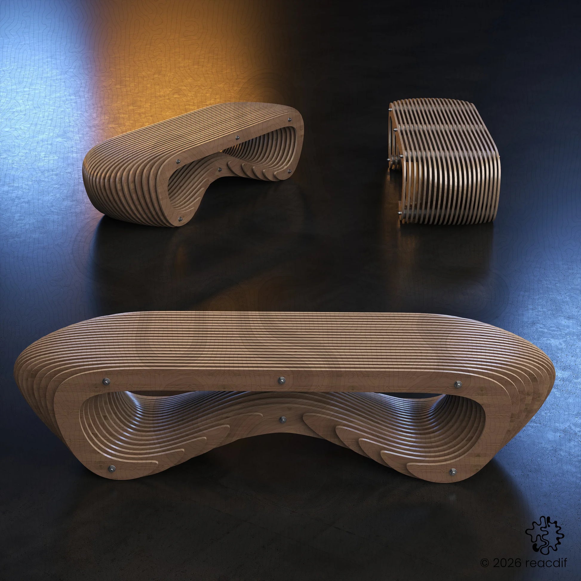 Artistic angled shot of Parametric Bench A-8. A perfect example of fluid design and digital fabrication for modern interior decor.