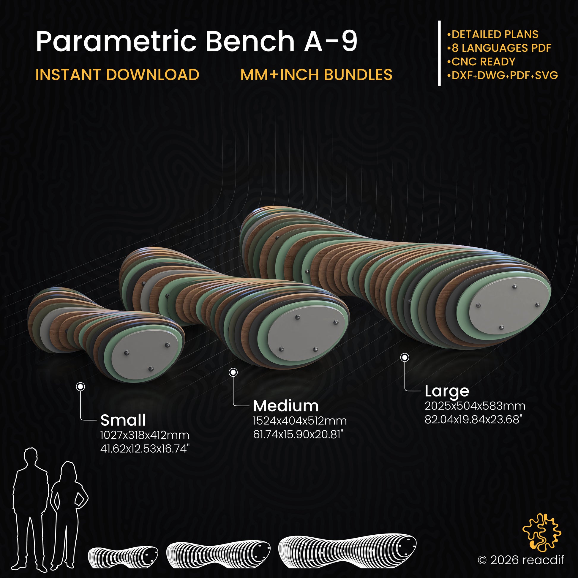 Parametric Bench A-9 infographic - dimensions and technical specifications CNC plan