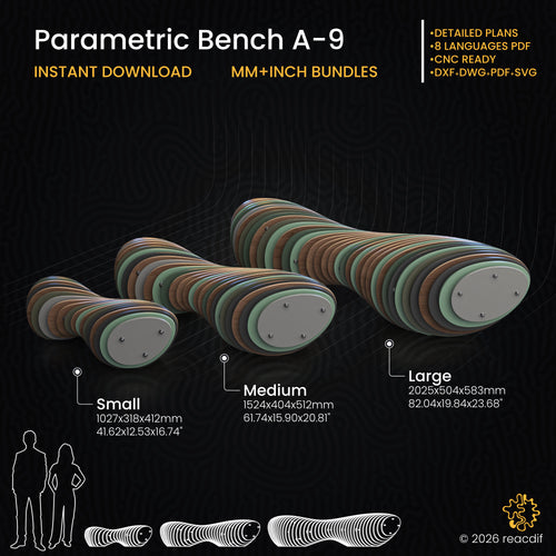 Parametric Bench A-9 infographic - dimensions and technical specifications CNC plan
