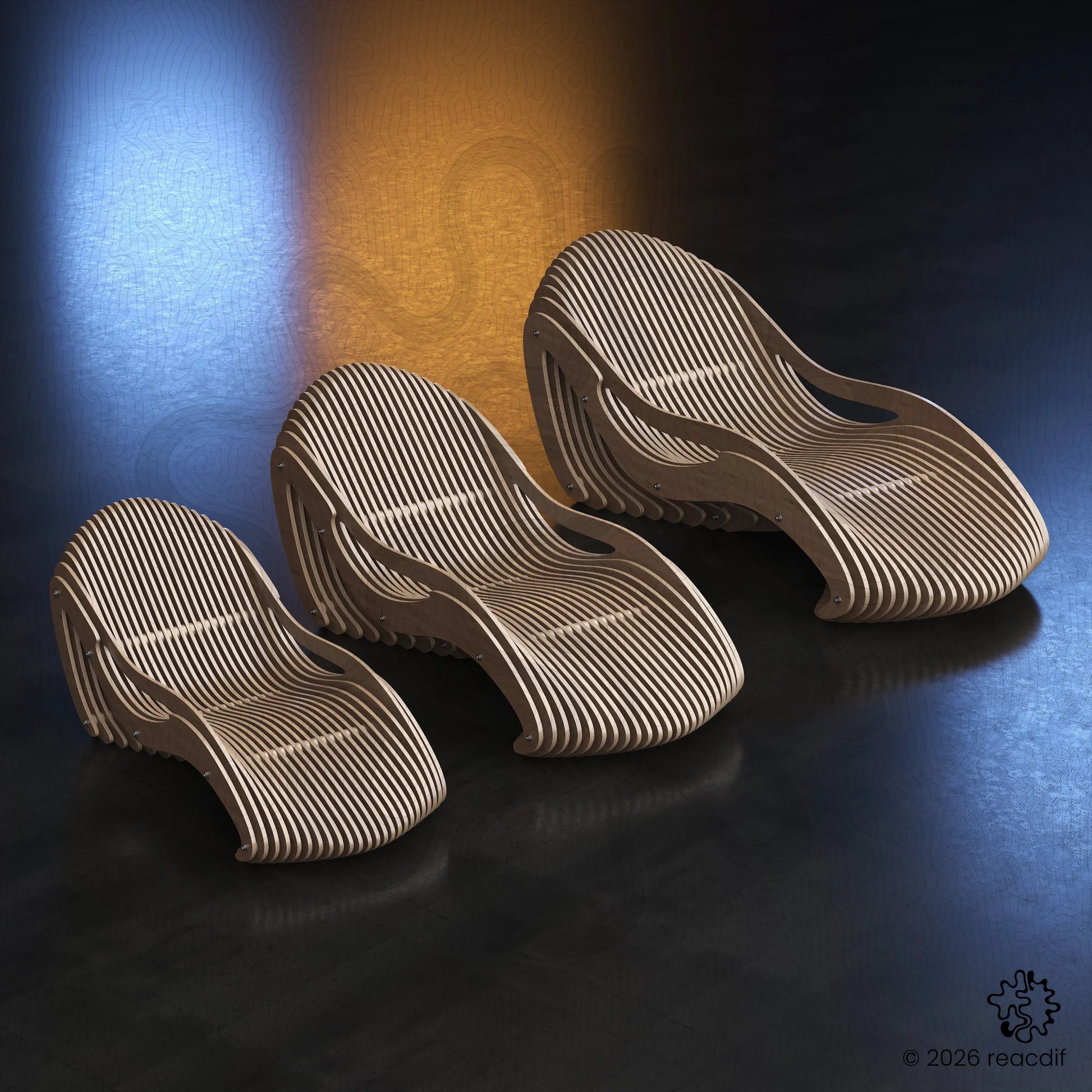 Parametric Chaise Lounge A-2 - 3D rendered view of organic plywood design