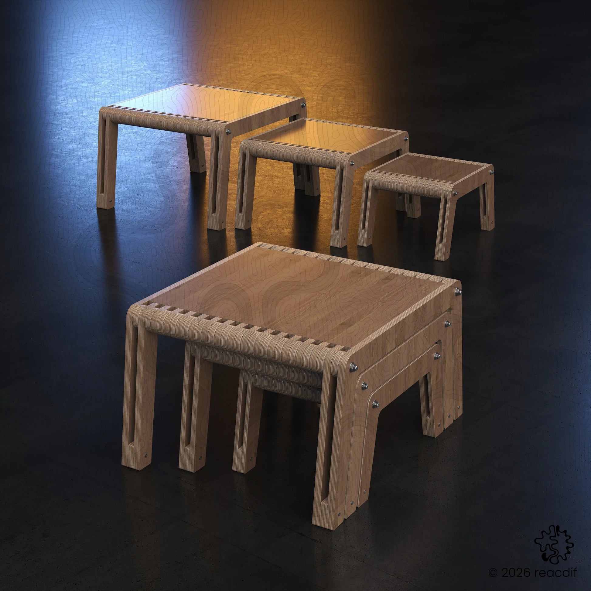 Modern parametric bench side view. Fluid organic lines in plywood furniture. Contemporary interior design element. Digital vector model render.