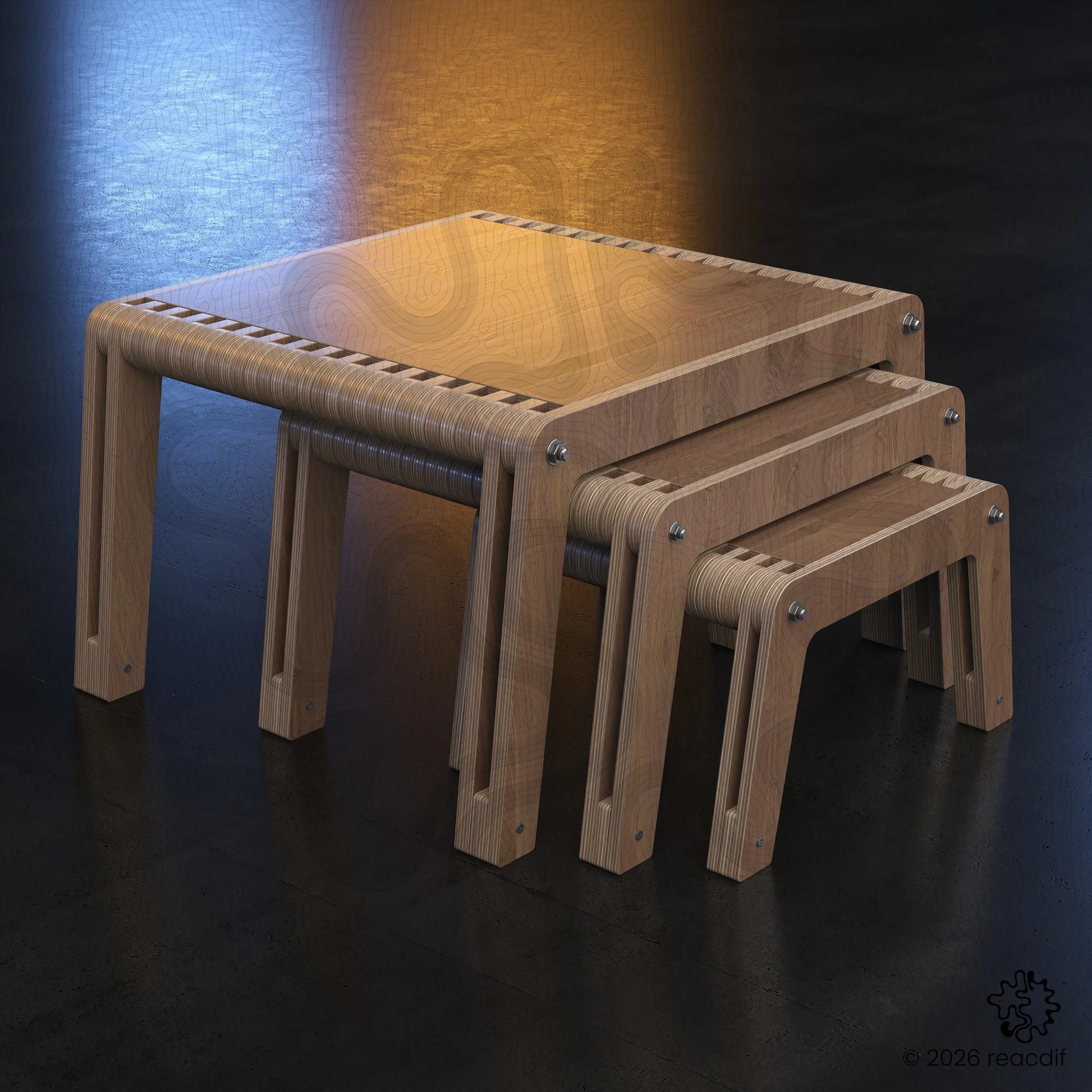 Nesting table set design. Bundle of 3 parametric tables in one digital download. Modern wood furniture vector files for CNC. Waffle grid structure aesthetic.