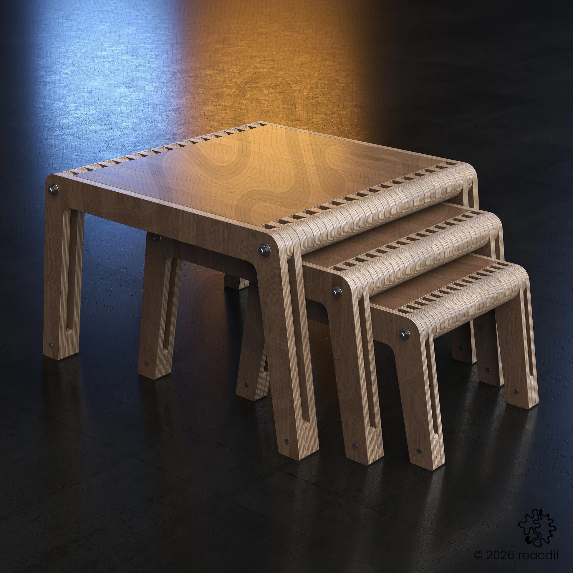 Parametric furniture set layout. Modern coffee table, side table, and stool designs together. Laser ready templates for interior decor. Organic shape wooden bench plans.