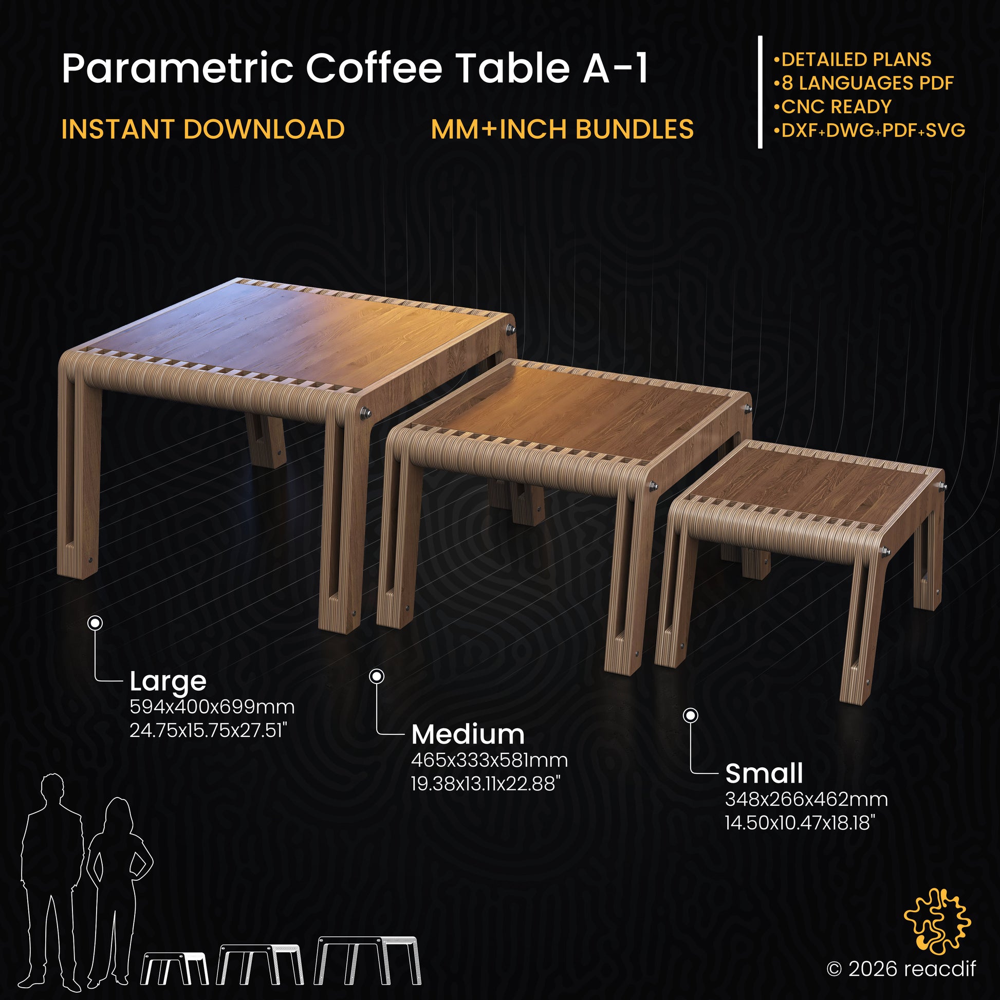 Parametric Coffee Table A-1 Digital CNC Files. Instant Download DXF, SVG, PDF plans. Modern DIY plywood furniture design for laser cutting and CNC router. Includes 3 sizes (Small, Medium, Large).