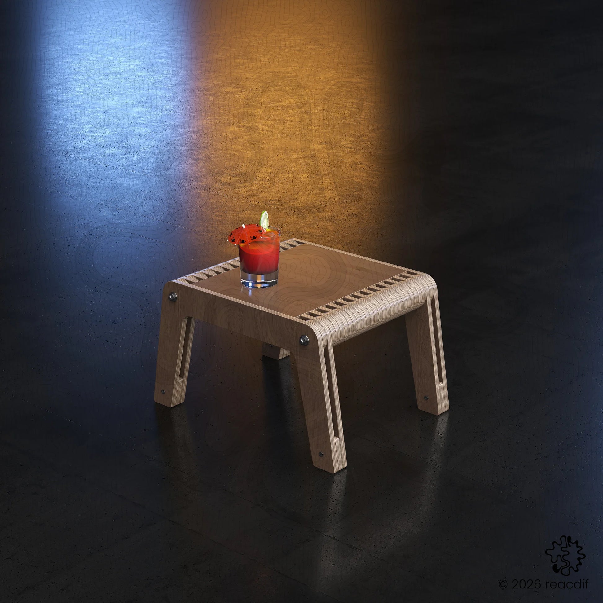 Close up detail of parametric wood slices. CNC router joinery texture. Minimalist wooden coffee table aesthetics. Scandi style DIY furniture plan.