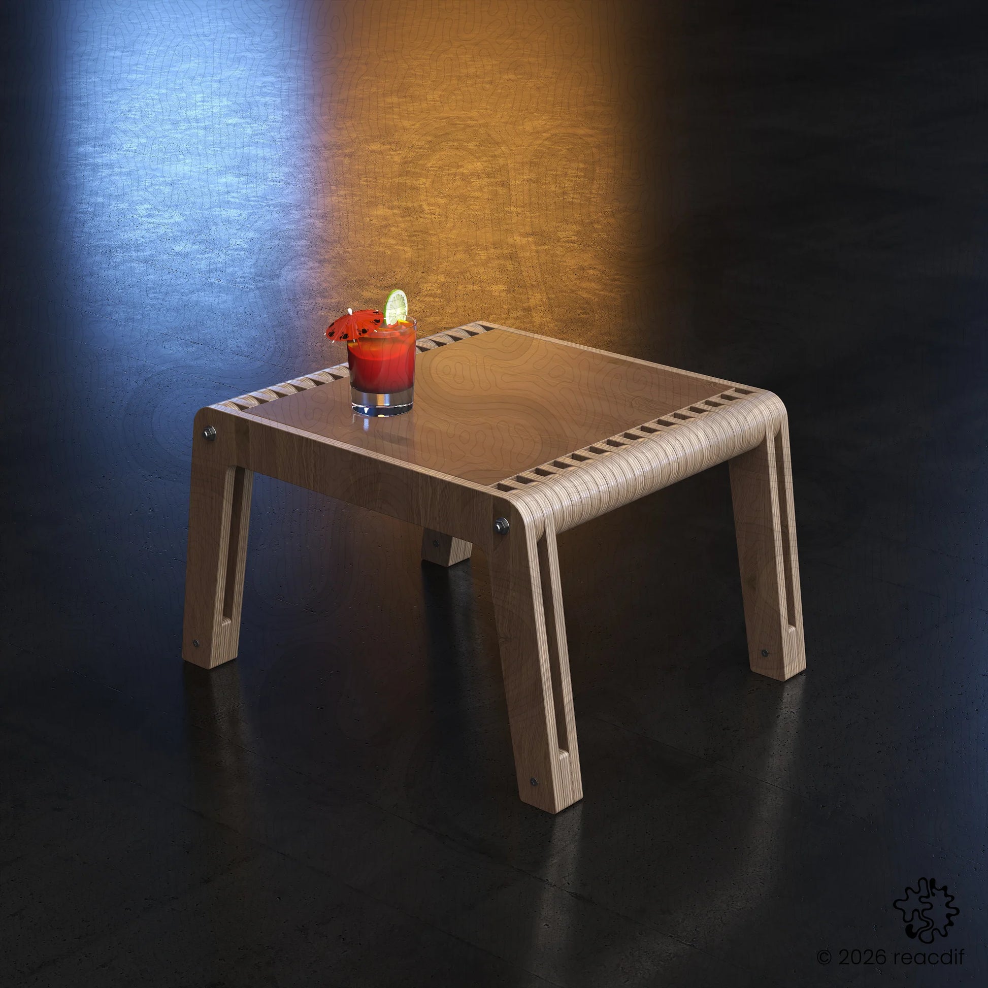 Curved wooden slat table design. Futuristic furniture architecture. 3D parametric modeling for laser cutting machines. Unique home decor idea.
