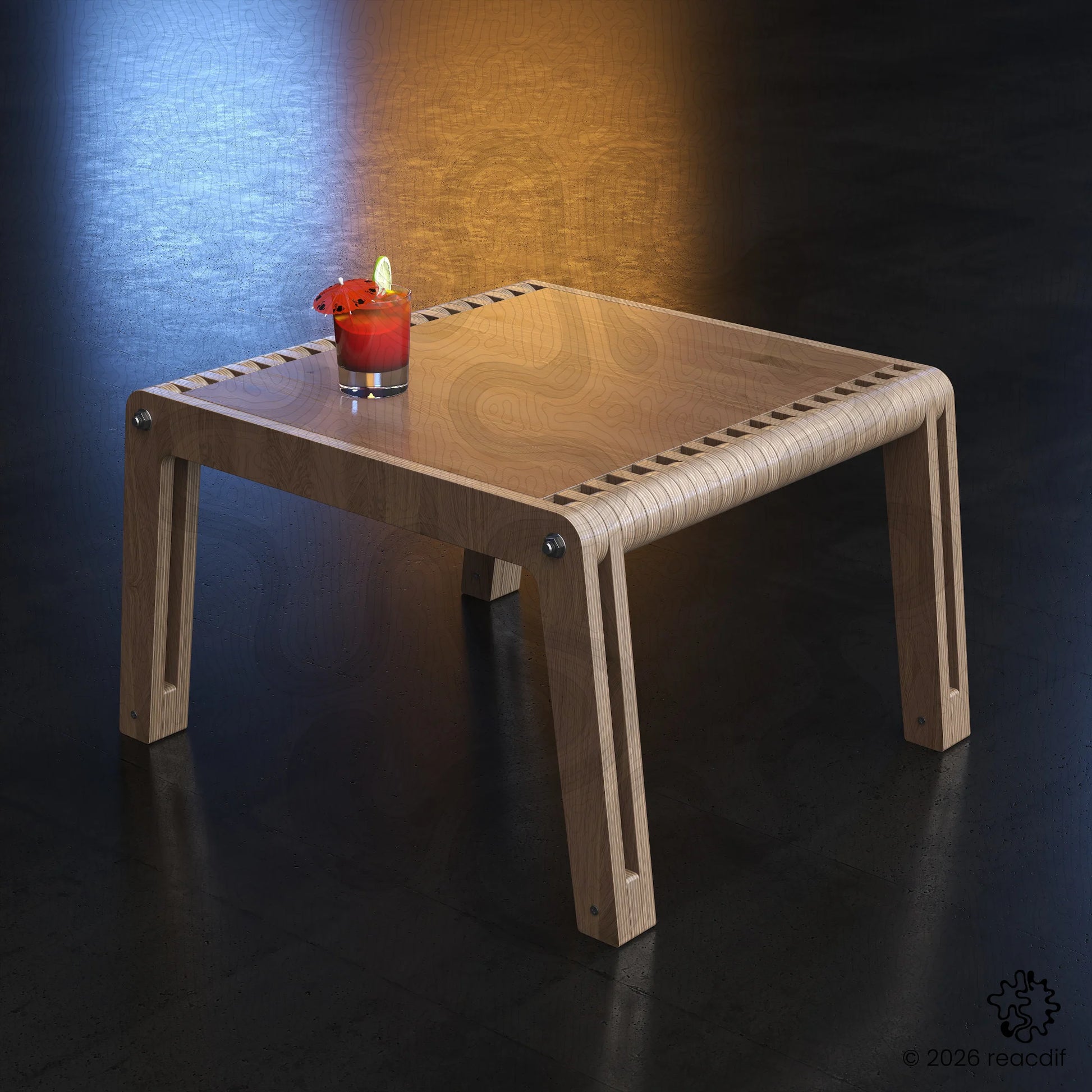 Stylish parametric side table perspective. Digital template for woodworkers. Creative plywood art furniture. Ready to cut DXF file preview.